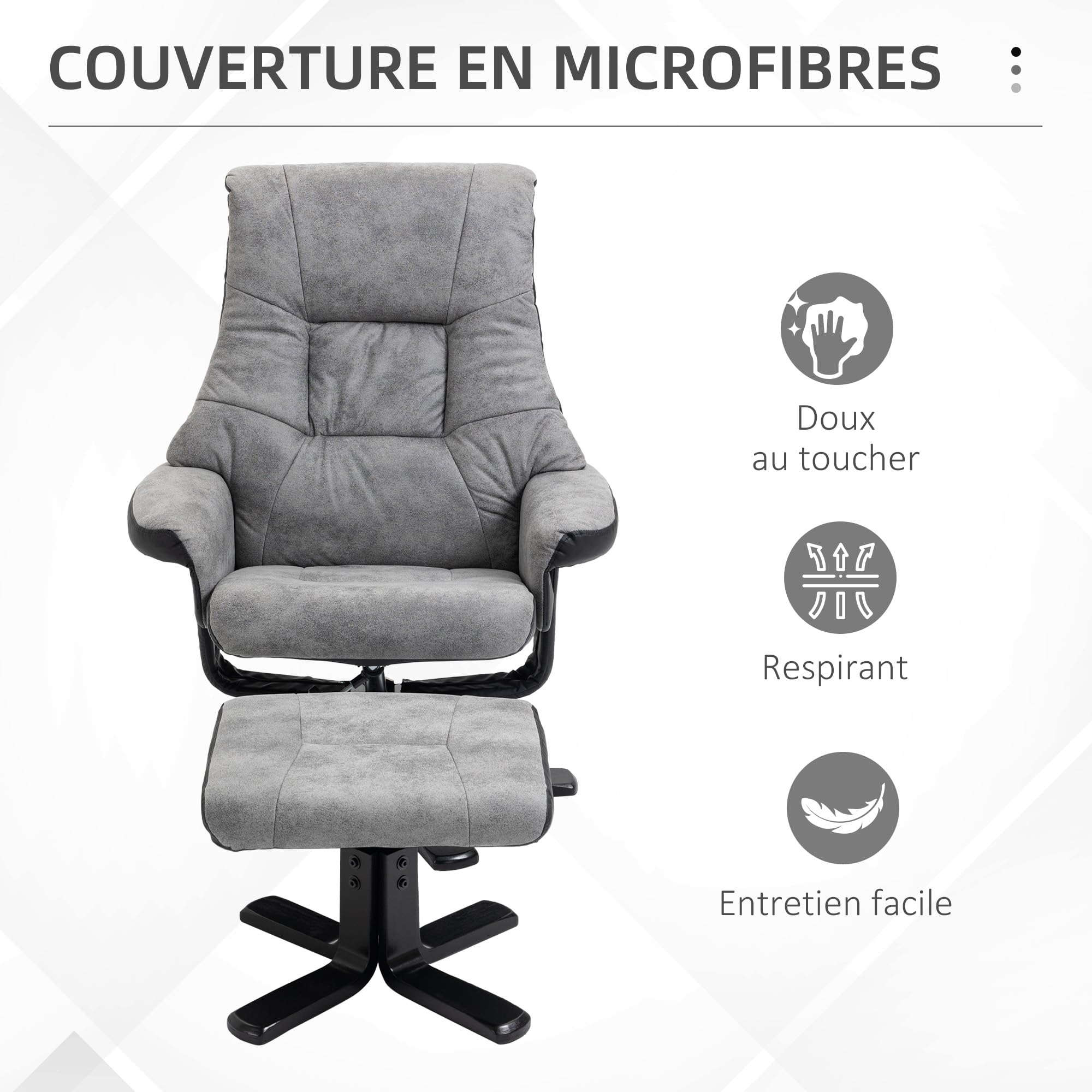 HOMCOM Fauteuil Relax Fauteuil de Relaxation inclinable 135° avec Repose-Pieds pivotant 360° revêtement Microfibre Pieds en Bois Massif Assise épais rembourrée Gris