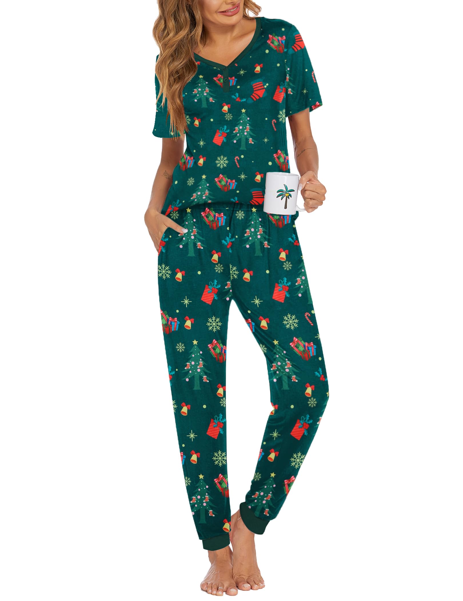 Ekouaer Pajamas for Women Set 2 Piece Short Sleeve Fall Pjs with Pockets