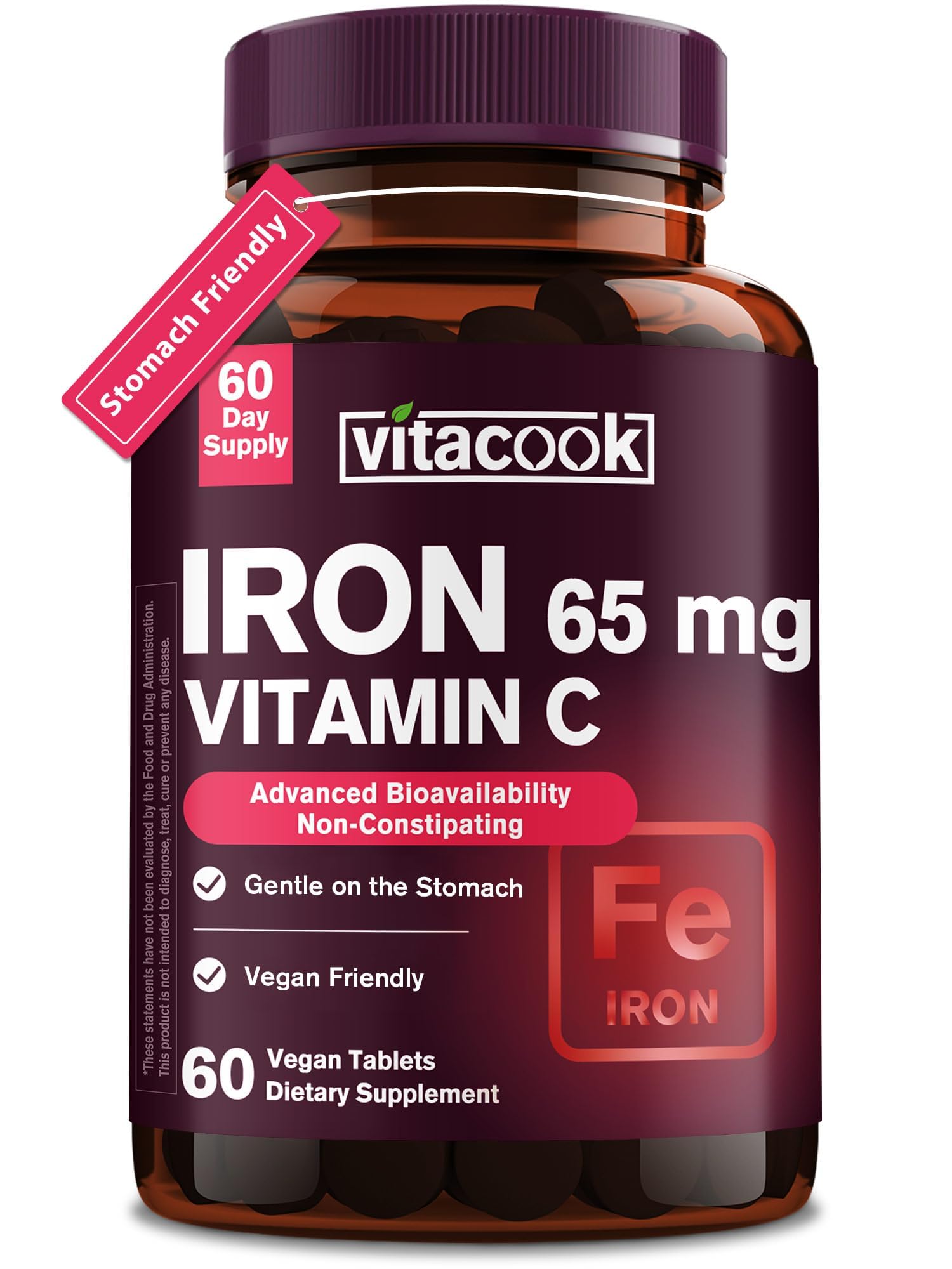 Iron Supplement for Women Men, High Potency Iron 65mg with Vitamin C 250mg, Stomach Friendly Iron Pills, Vegan, Non-GMO & Gluten Free, 60 Tablets