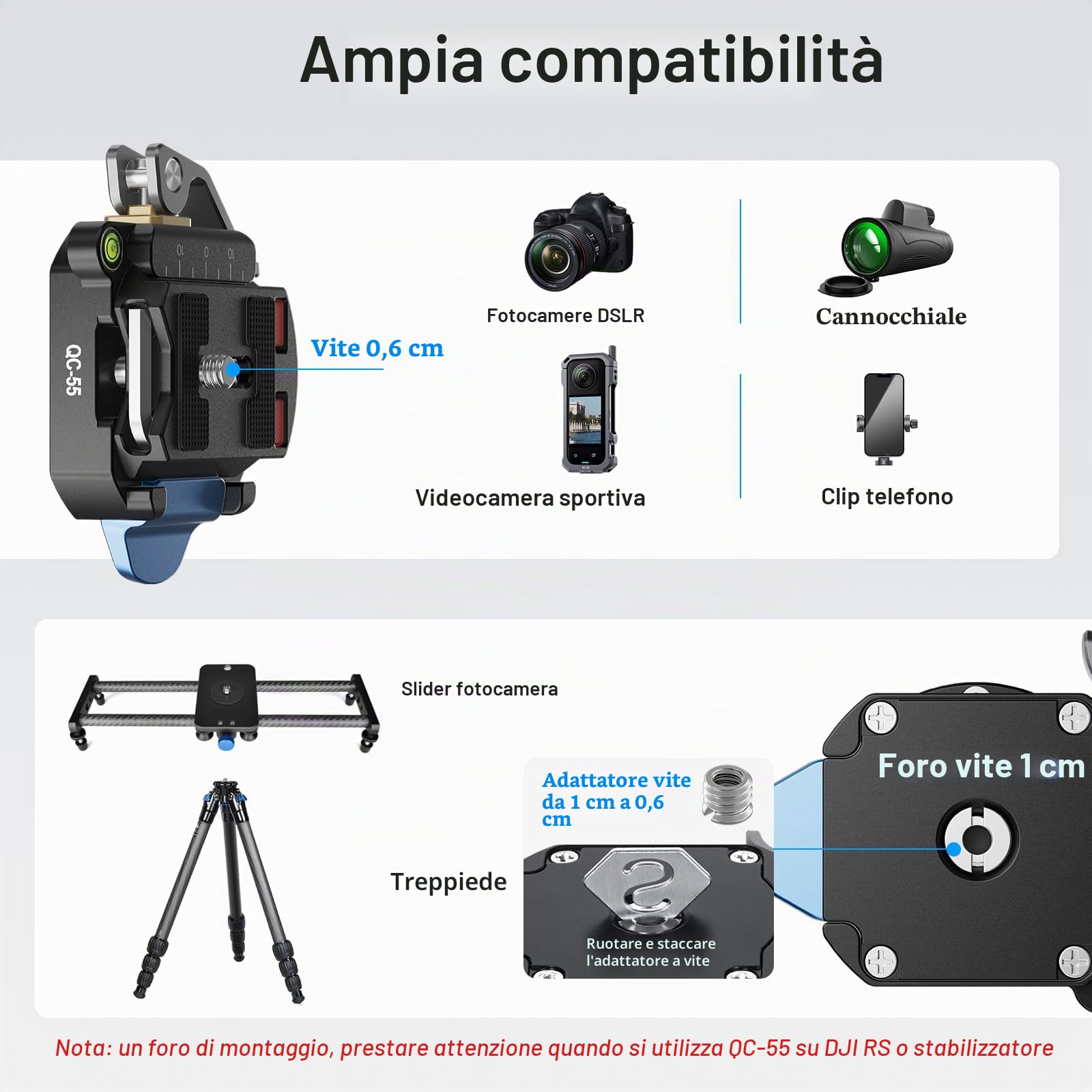 SIRUI Piastra Sgancio Rapido con Base di Serraggio, Quick Release Plate Clamp con Adattatore Vite da 3/8"-16 a 1/4"-20, Piastra di Rilascio Rapido per Fotocamera DSLR Treppiede Monopiede, QC-55