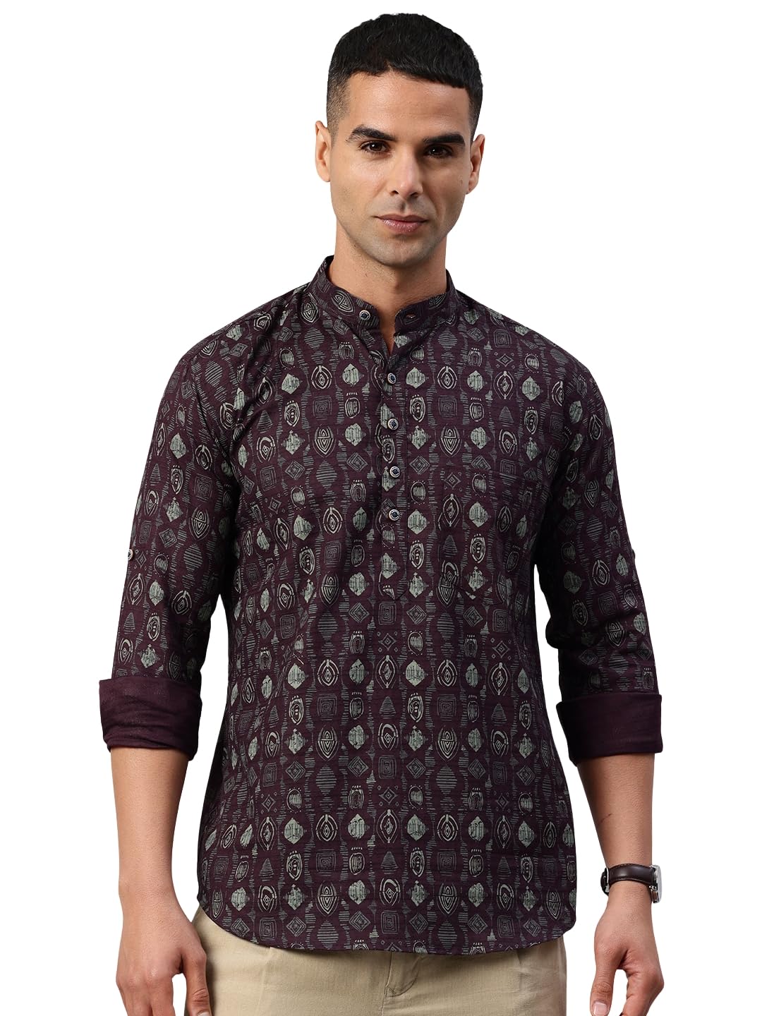majestic man Men's Pure Cotton Printed Mandarin Collar Slim Fit Roll-Up Sleeves Short Kurta-picture-17