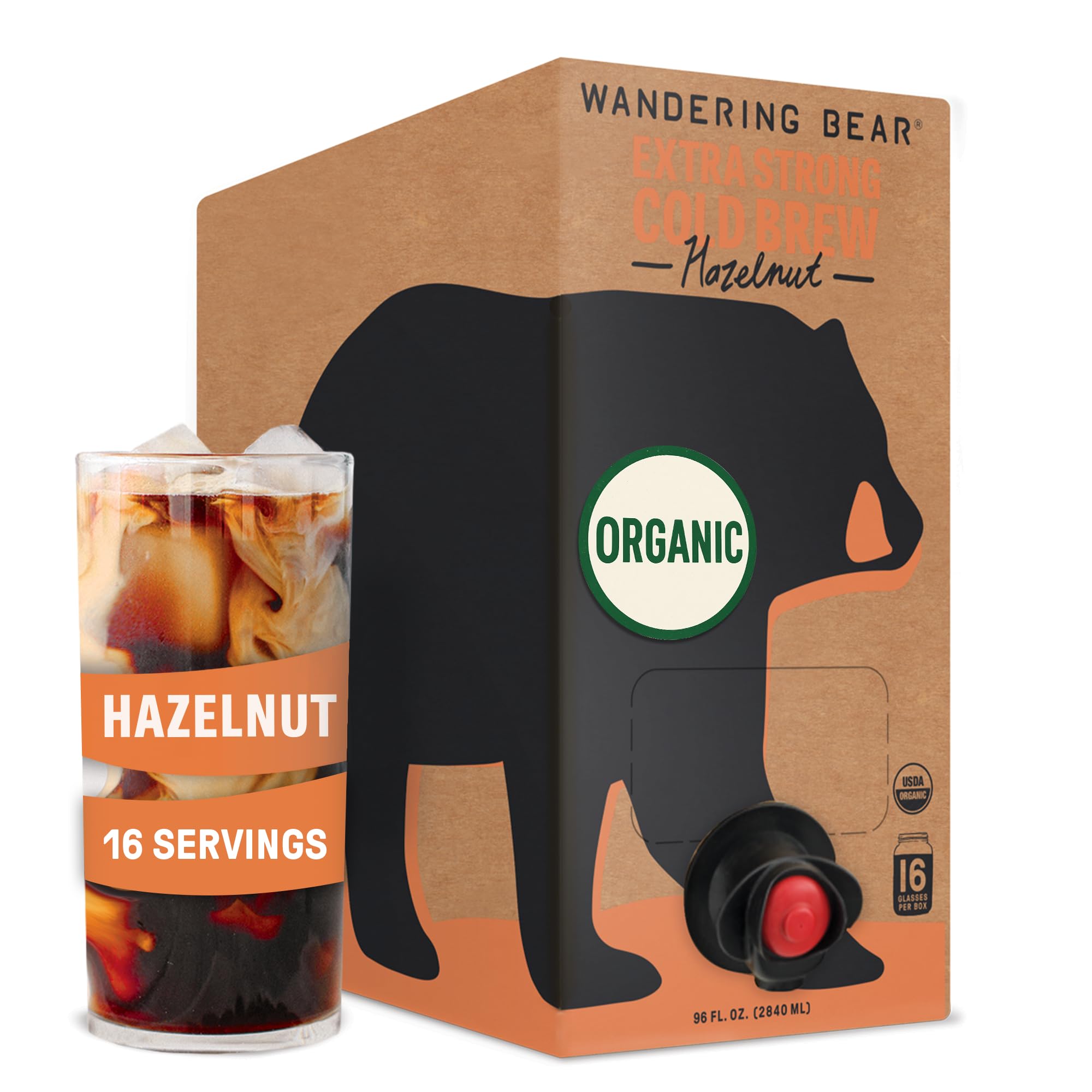 Wandering Bear Organic Hazelnut Cold Brew Coffee On Tap, Iced Coffee Drink -Extra Strong, Smooth, No Sugar Added, Shelf-Stable, Ready to Drink,Gluten Free & Vegan Decaf -16 Servings of 6fl.oz -96fl.oz