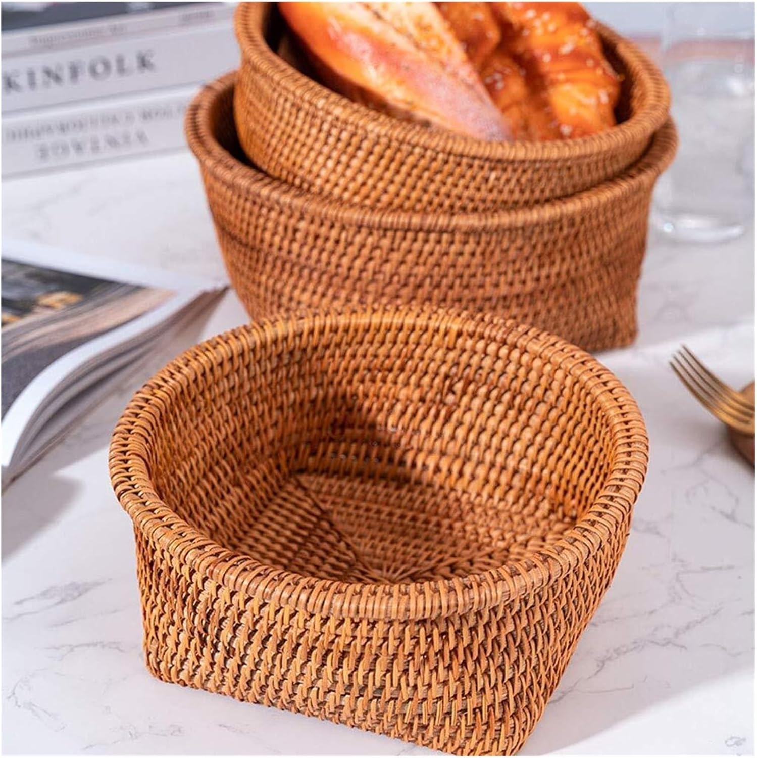 Handwoven Rattan Basket - Wicker Bread Tray for Serving Fruits, Vegetables, Snacks & Candy - Multipurpose Storage Bowl for Kitchen & Dining Decor(Centre)