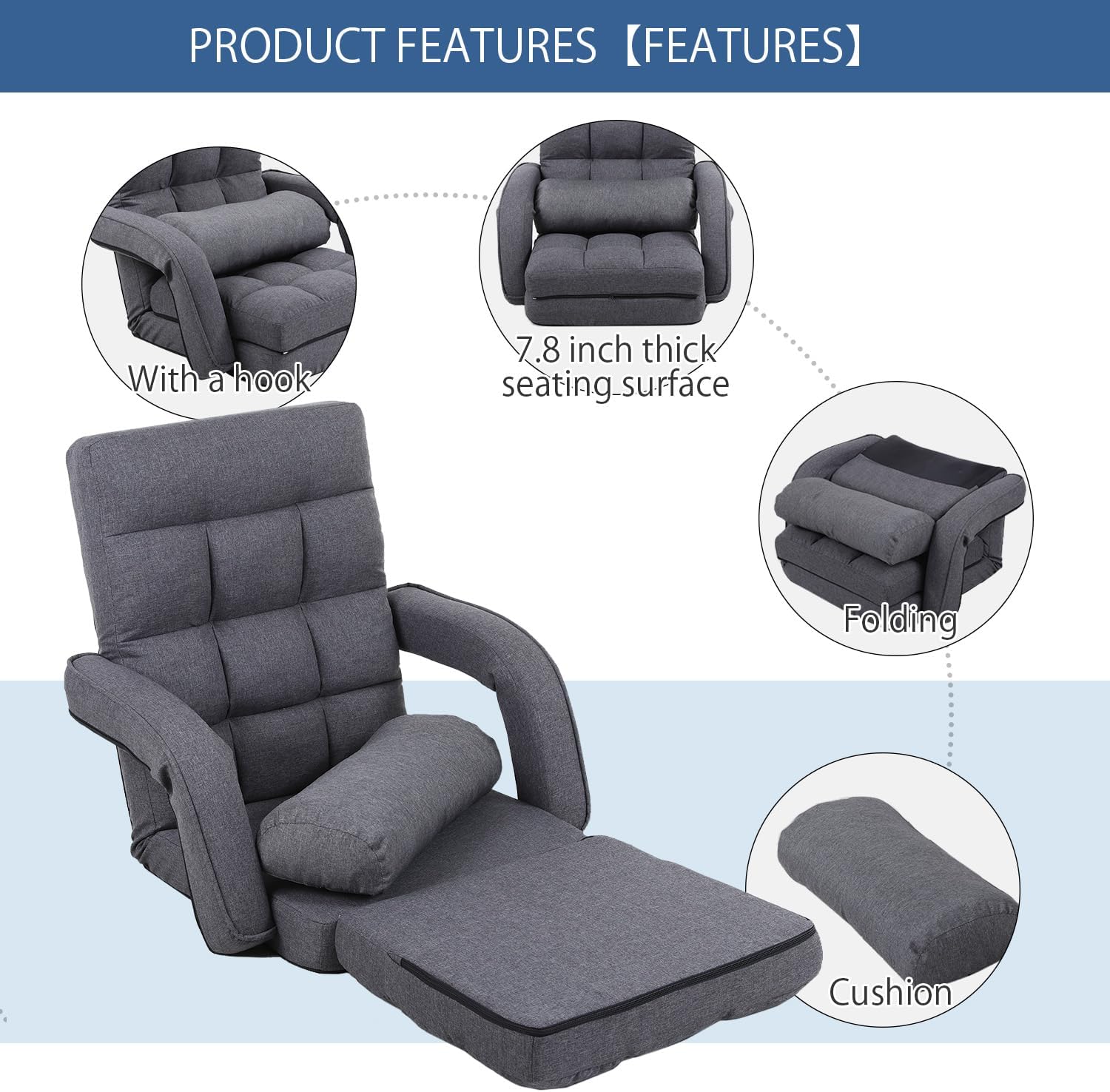 FLOGUOR 14-Position Adjustable Floor Chair, Chaise Lounge Indoor, Folding Lazy Sofa with Armrests and a Pillow Padded Adults Gaming Chairs for Living Room, Bedroom Factory Price,8803 (Grey)