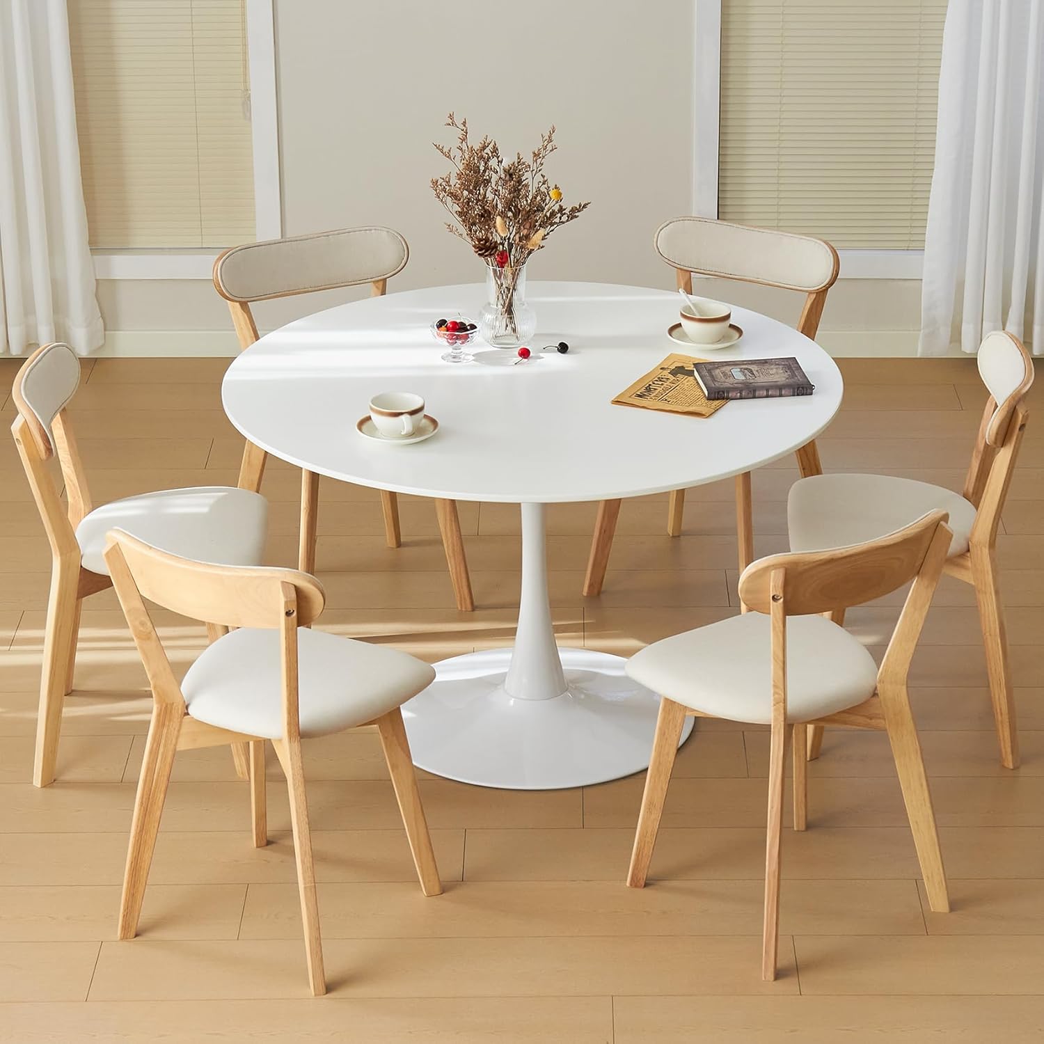 43.5" Tulip Table, Round Dining Table with Thickened Tabletop & Metal Pedestal, Mid Century Modern Bistro Circle Table for Kitchen, Small Places, Living Room, Cafe (White)