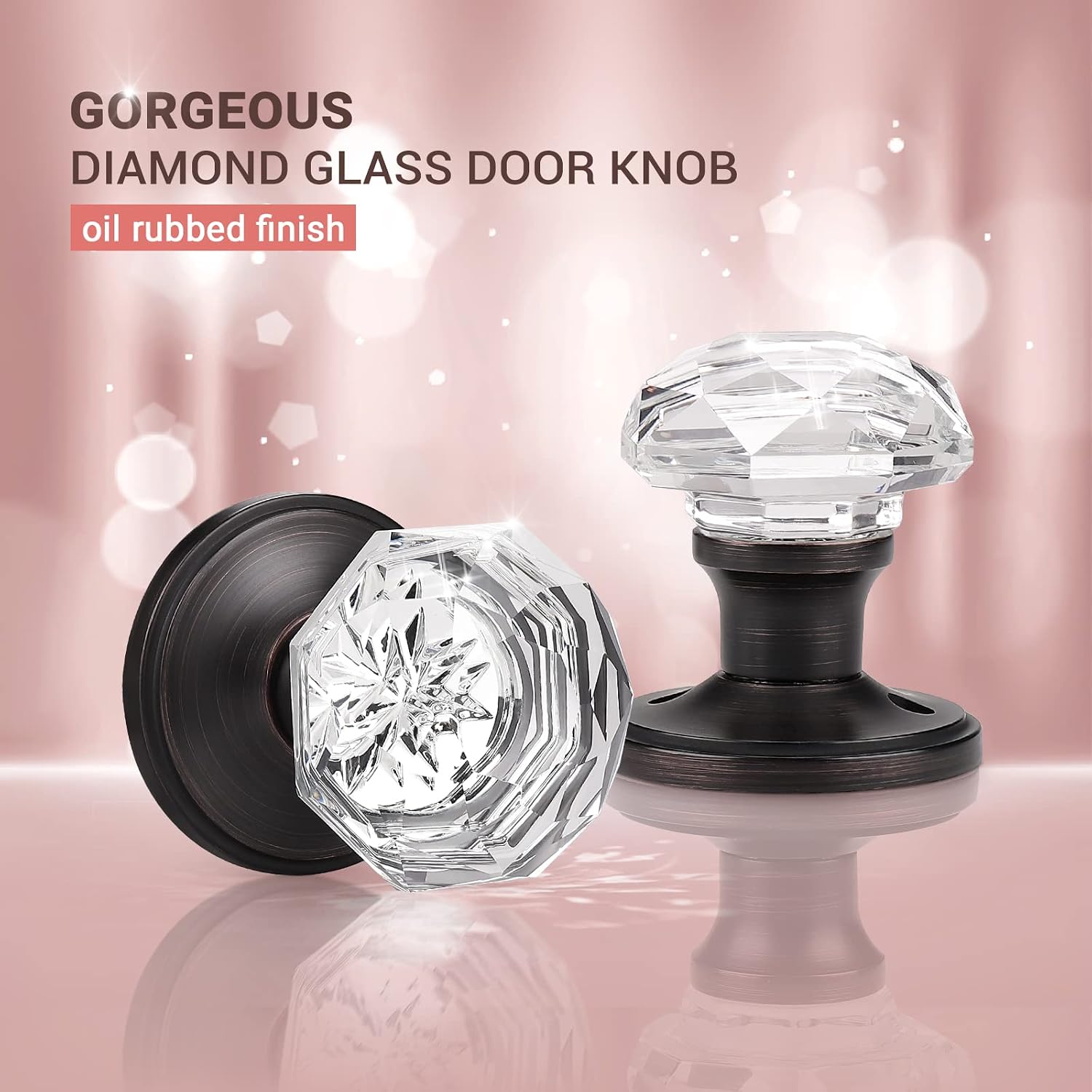KNOBWELL 3 Pack Passage Clear Glass Door Knob in Diamond Shape, Non-Locking Crystal Door Knob for Hallway/Closets, Keyless Clear Diamond Glass Door Lock Handle, Oil Rubbed Bronze
