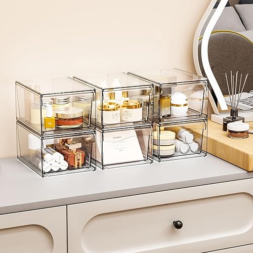 Miniatura 2 de Paquete de 6 cajones de almacenamiento apilables transparentes, organizador de maquillaje de baño acrílico de 4.4 pulgadas de alto y medicamentos,