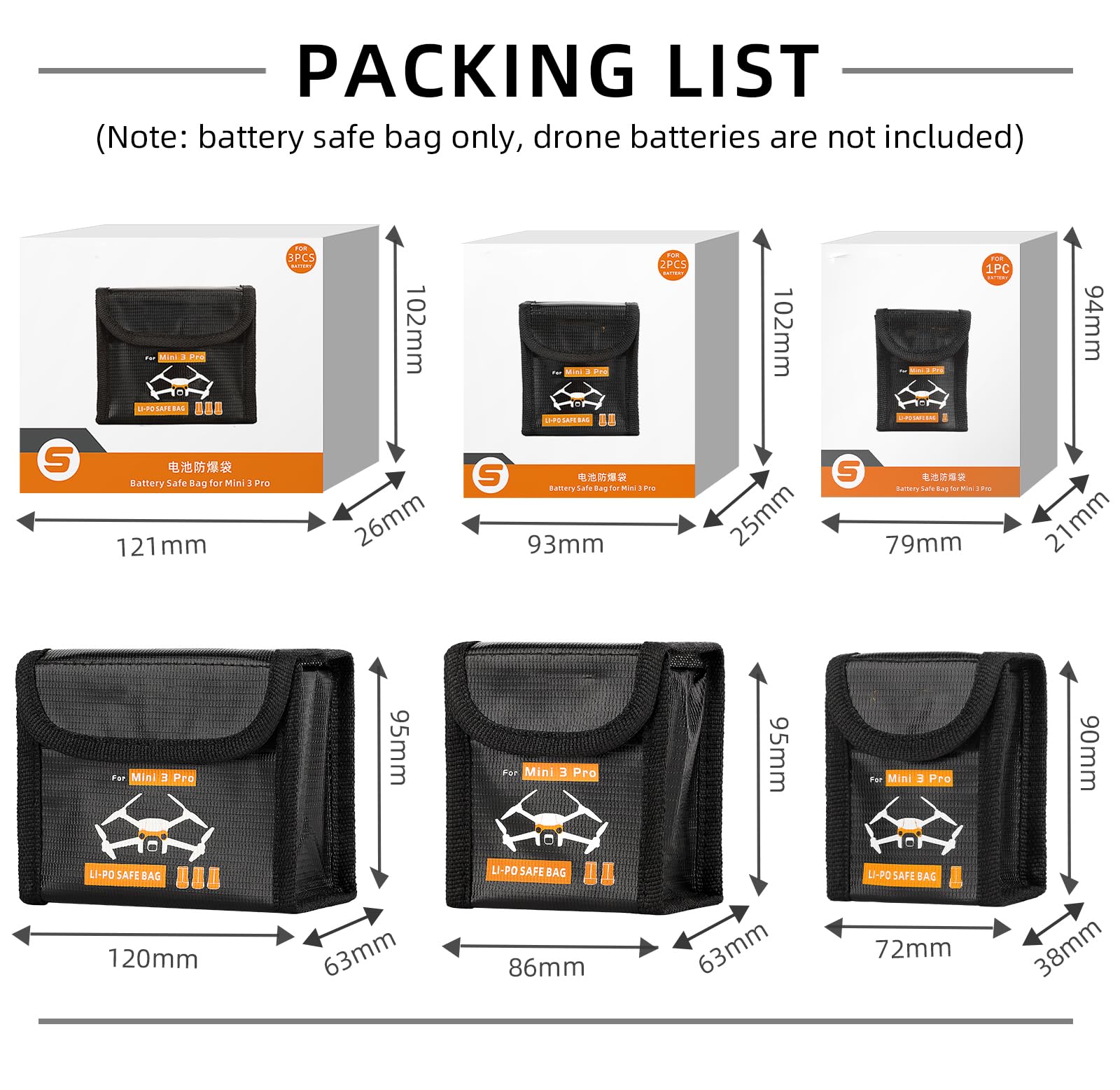 Lipo Batterie Coffre-Fort Sac pour DJI Mini 4 Pro/4K/3 Pro/3 Ignifuge Antidéflagrant Housse Boîte de Rangement Chargement Sécurisés Sac de Rangement Accessoires pour Drone (pour 3 Batteries)