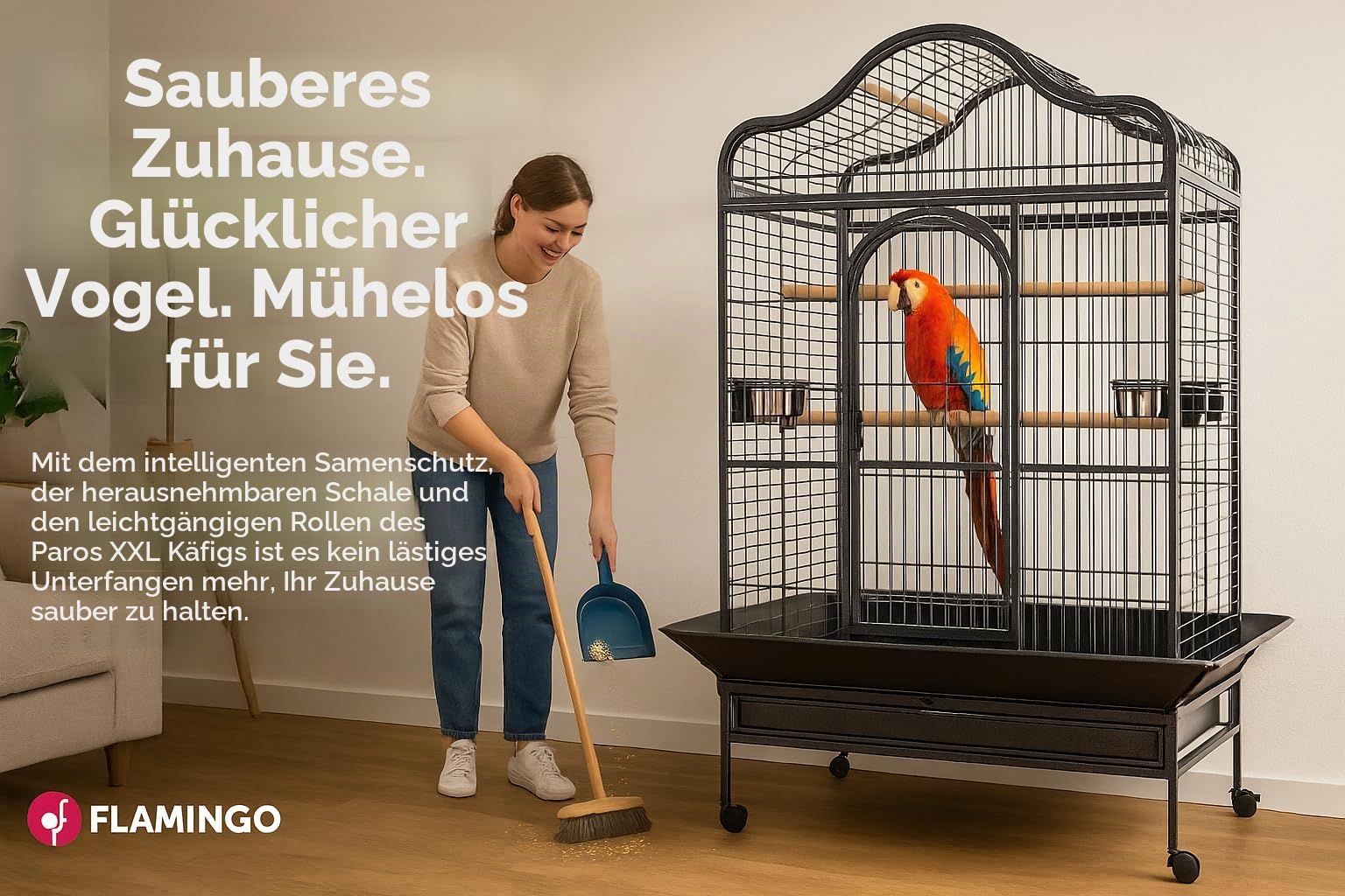 Flamingo Vogelkäfig – Voliere Vögel – Paros Antrazit – 125×92,5×173,5 cm – 4 Holzsitzstangen, 3 Näpfe, Sicherheitsfront, Dachöffnung, Metall-Schublade, Rollen