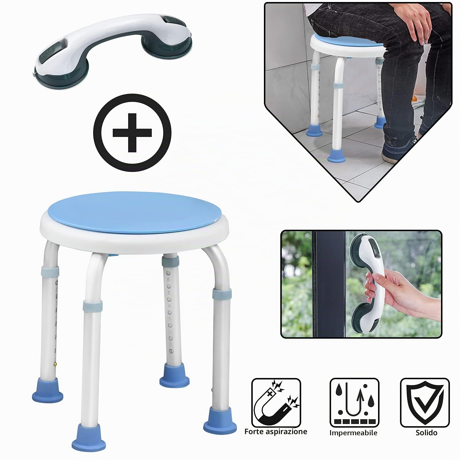 LARS360 Sgabello da doccia con manico, sedia da doccia regolabile in altezza, girevole a 360°, per doccia antiscivolo, 37-53 cm
