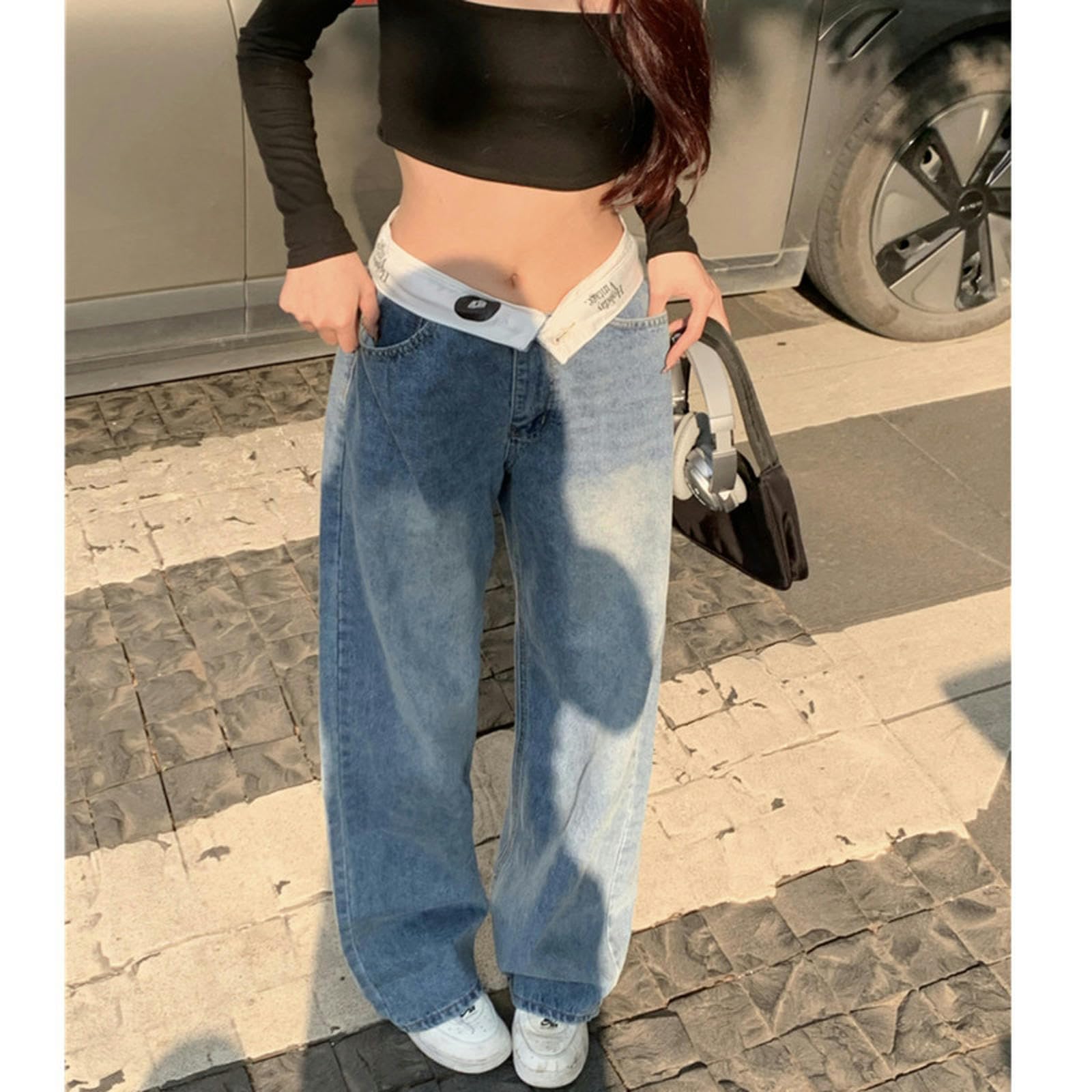 MdybF Dżinsy damskie dżinsy damskie z wysokim stanem odzież damska denim moda uliczna proste nogawki dżinsy ubrania spodnie