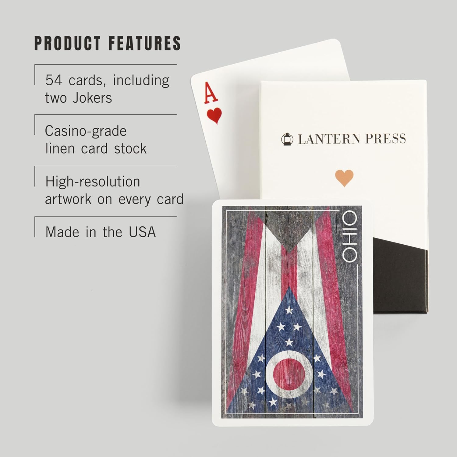 Lantern Press Rustic Ohio State Flag, 52 Playing Cards for Adults, Poker Size Card Deck