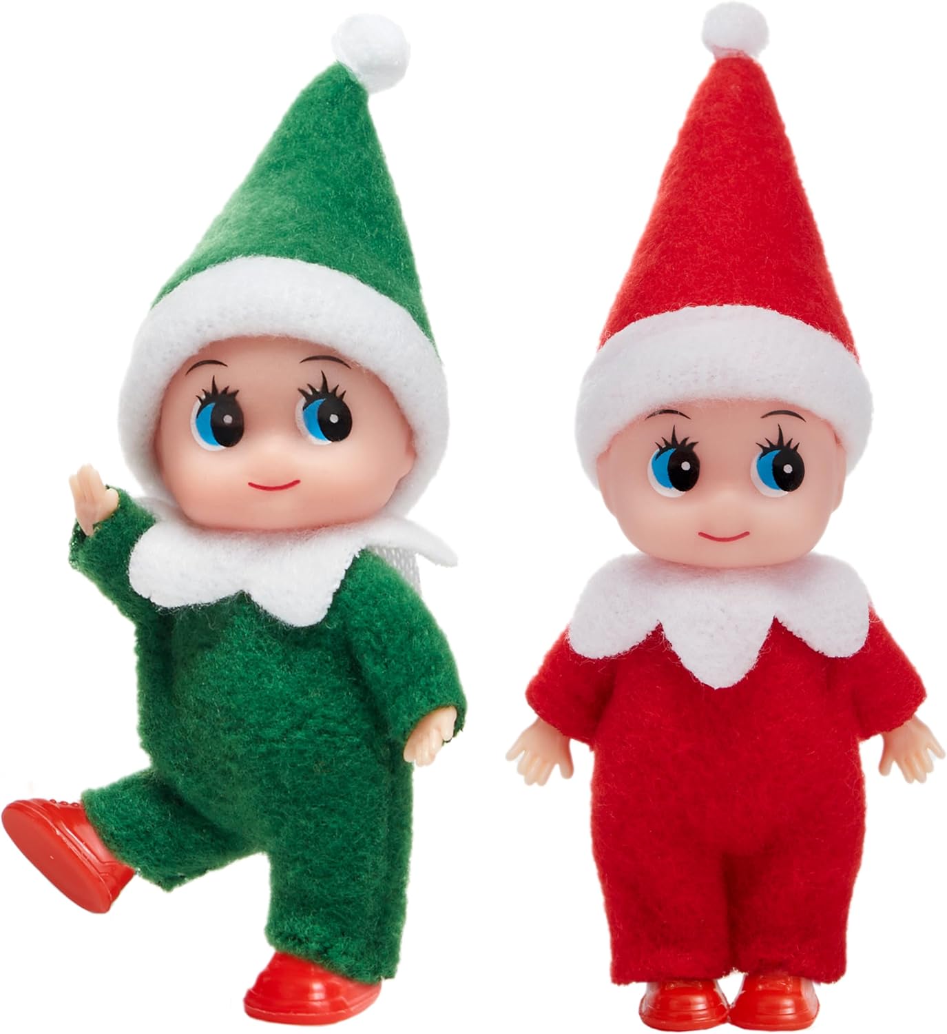 JOYIN 2PCS Christmas Elf Plush Doll, Red and Green Tiny Elf Doll with Clothes and Belt Pattern Soft Plush Christmas Accessories for Christmas Holiday Decorations, Christmas Dress-Up Party. Red Green
