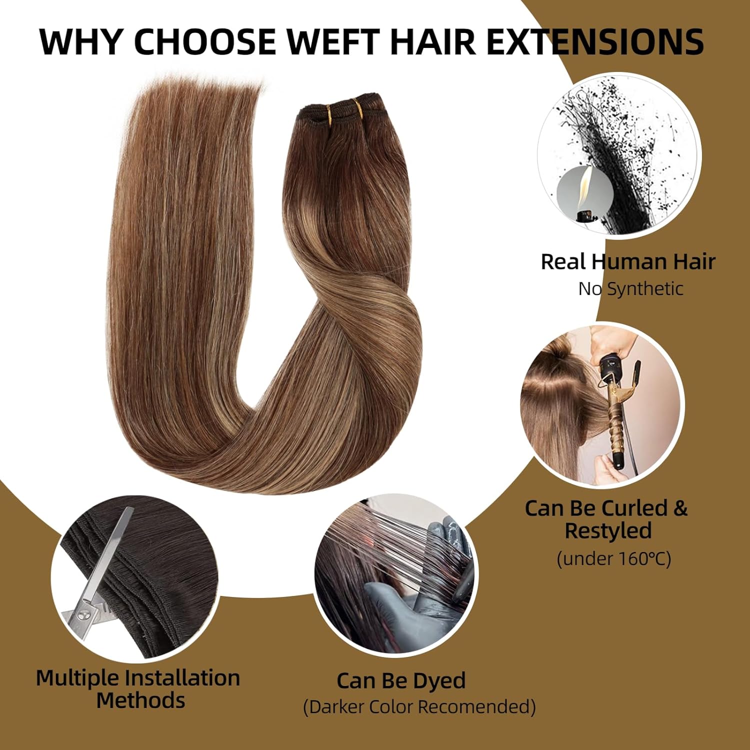 Sew in Hair Extensions Real Human Hair, 20 Inch 110g Double Weft Straight Remy Hair, Ombre Balayage Chocolate Brown to Caramel Blonde (4/27/4) Weave Bundles for Women