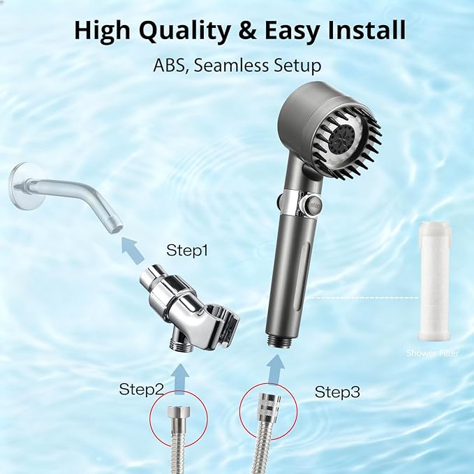 Regadera de Mano con Filtro para Agua Dura, Alta Presión, 3 Modos y Manguera Larga miniatura 8