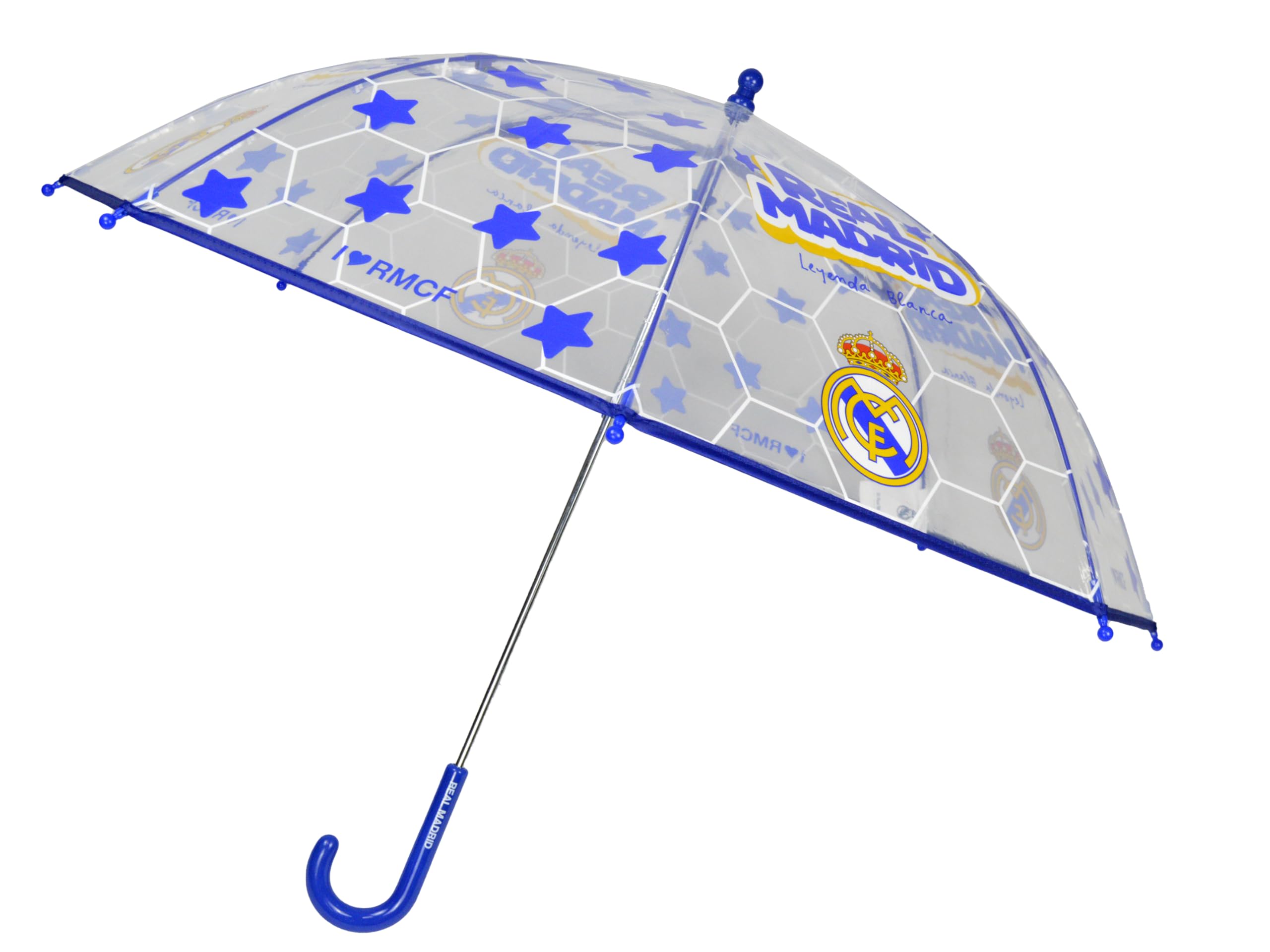CYPBRANDS Paraguas infantil Real Madrid, Paraguas Manual para Niños, Transparente, 8 Varillas, Tubo Metálico