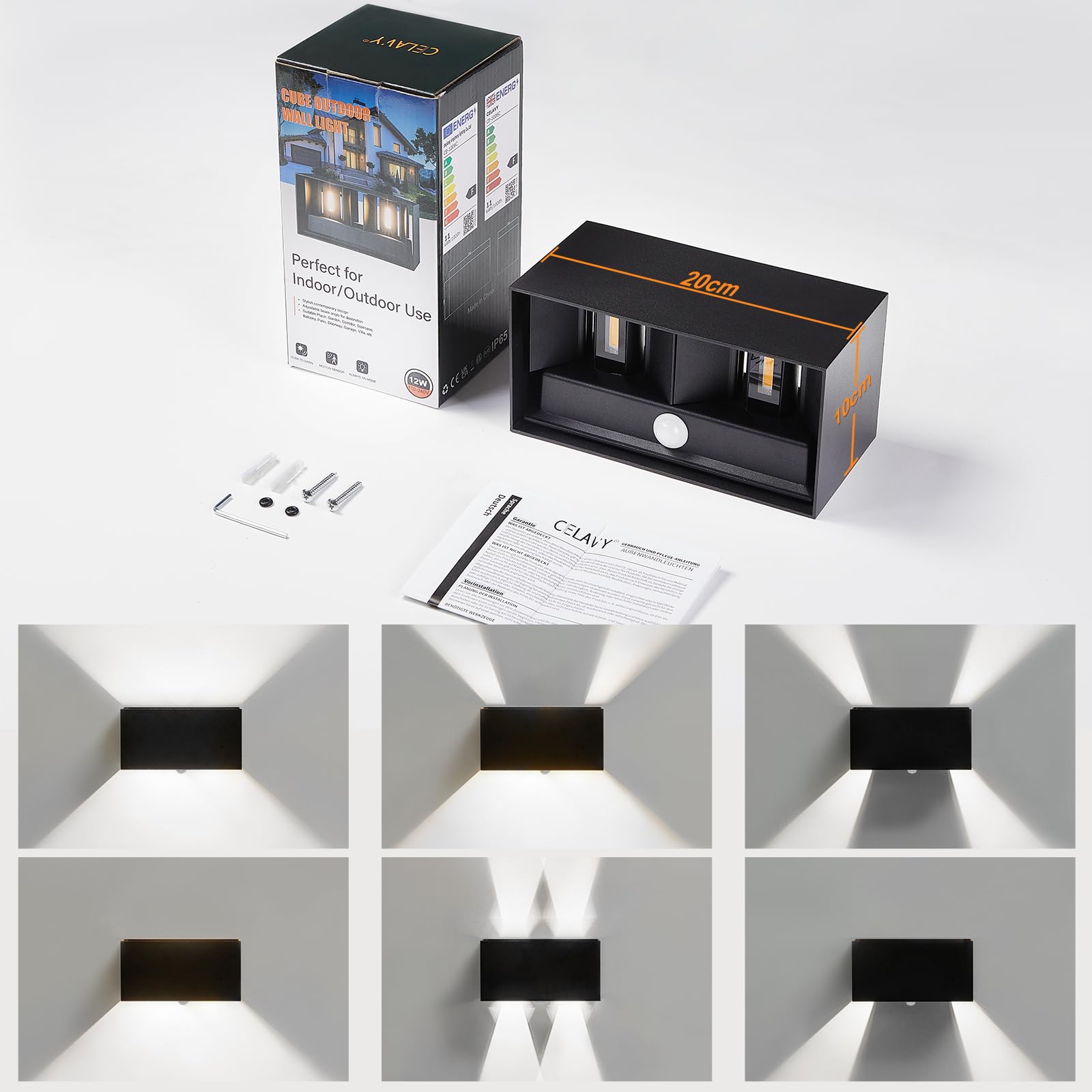 LED Außenlampe Außenleuchte mit Bewegungsmelder, Up Down Wandleuchte Wandlampe aussen Kaltweiss 6000K, IP65 Aussenlampe Aussenleuchte Wand, Außenbeleuchtung Ausenbeleutung Hauswand, Schwarz