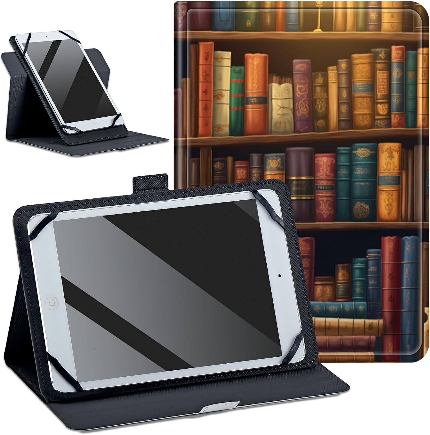 Universal 7"- 9" Tablet Case for Amazon Fire HD 8/Samsung/iPad Mini/Lenovo/TCL,360 Degree Rotating Stand & Multiple Viewing Angles Protective Cover for 7-9 inch Tablet,Vintage Bookshelf