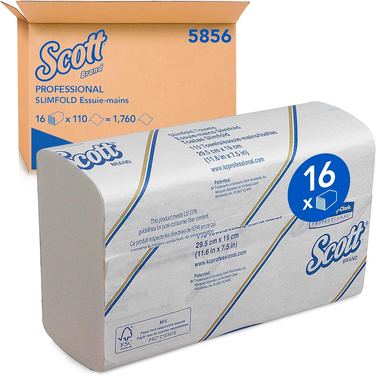 Scott Slimfold Asciugamani Intercalati 5856 1 Velo, Compatti, Assorbenti e Resistenti, Tecnologia Airflex, Compatibili con Dispenser Aquarius U7024, 16 Confezioni x 110 Fogli (1.760 Totali)
