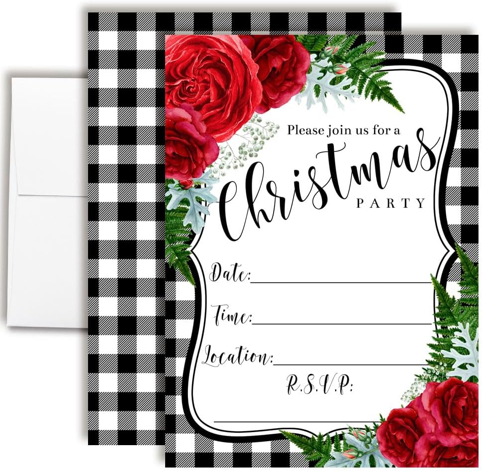Christmas Invitations with Envelopes – Watercolor Red Floral With Greenery Christmas Holiday, 20 Pack 5x7 Double Sided Fill-In Invite Cards with Twenty White Envelopes Perfect for Holiday Parties
