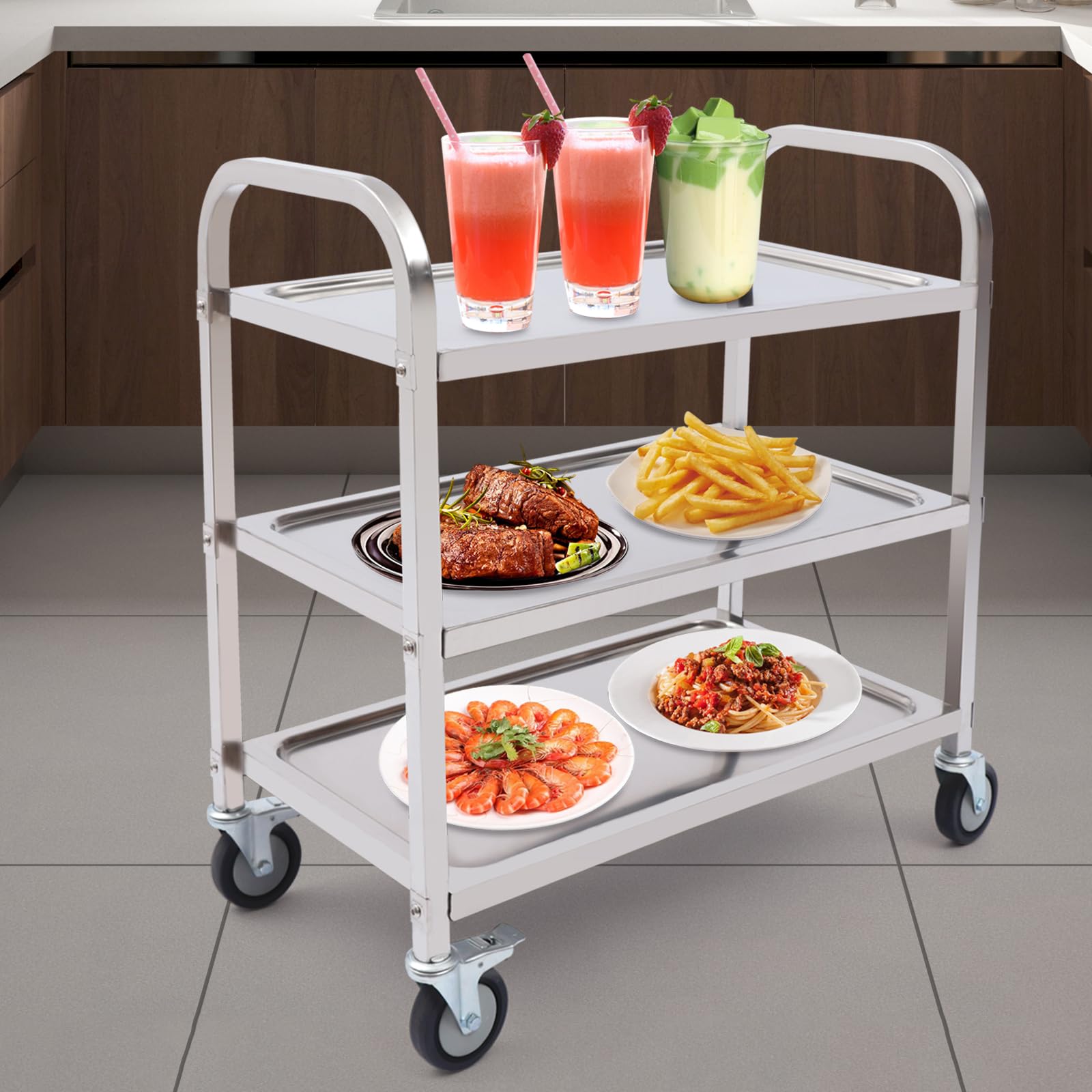 Carro de servicio de acero inoxidable, 3 niveles, para restaurantes, bibliotecas, cocinas, salones, dormitorios