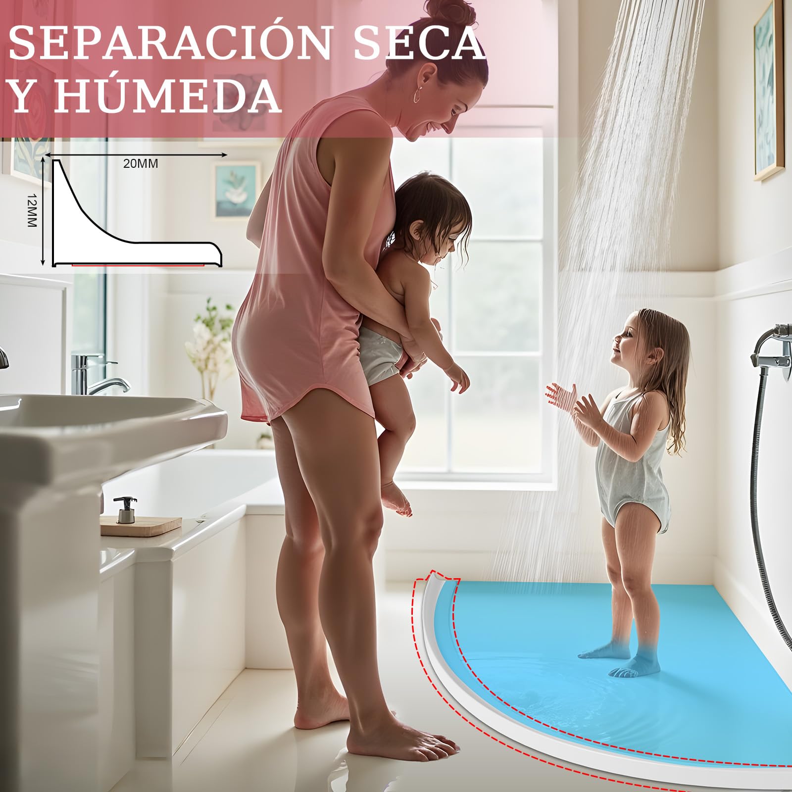 alophoty 1M Barrera Agua Ducha Blanco - Perfil Silicona Ducha, Impermeable, Plegable, Fácil Instalación, Previene Desbordamientos y Filtraciones