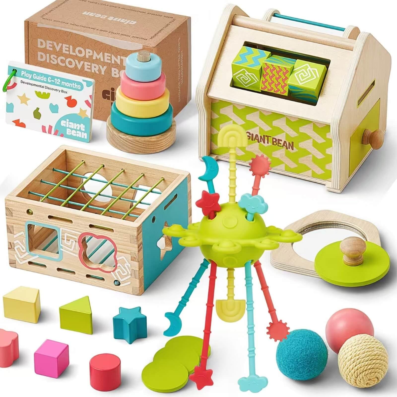 Giant beanMontessori Toys Set for Baby 6-12 Month, 5-in-1 Wooden Learning Toys with Sensory Teething, Object Permanence Box, Shape Sorting Stacking, Mirror Puzzle, Birthday Git Toy for Girls Boys