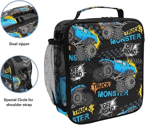 Miniatura 2 de Lonchera para niños y niñas, bolsa térmica con aislamiento térmico Monster Truck Car Trace, kit de bolsa de almuerzo reutilizable para viajes