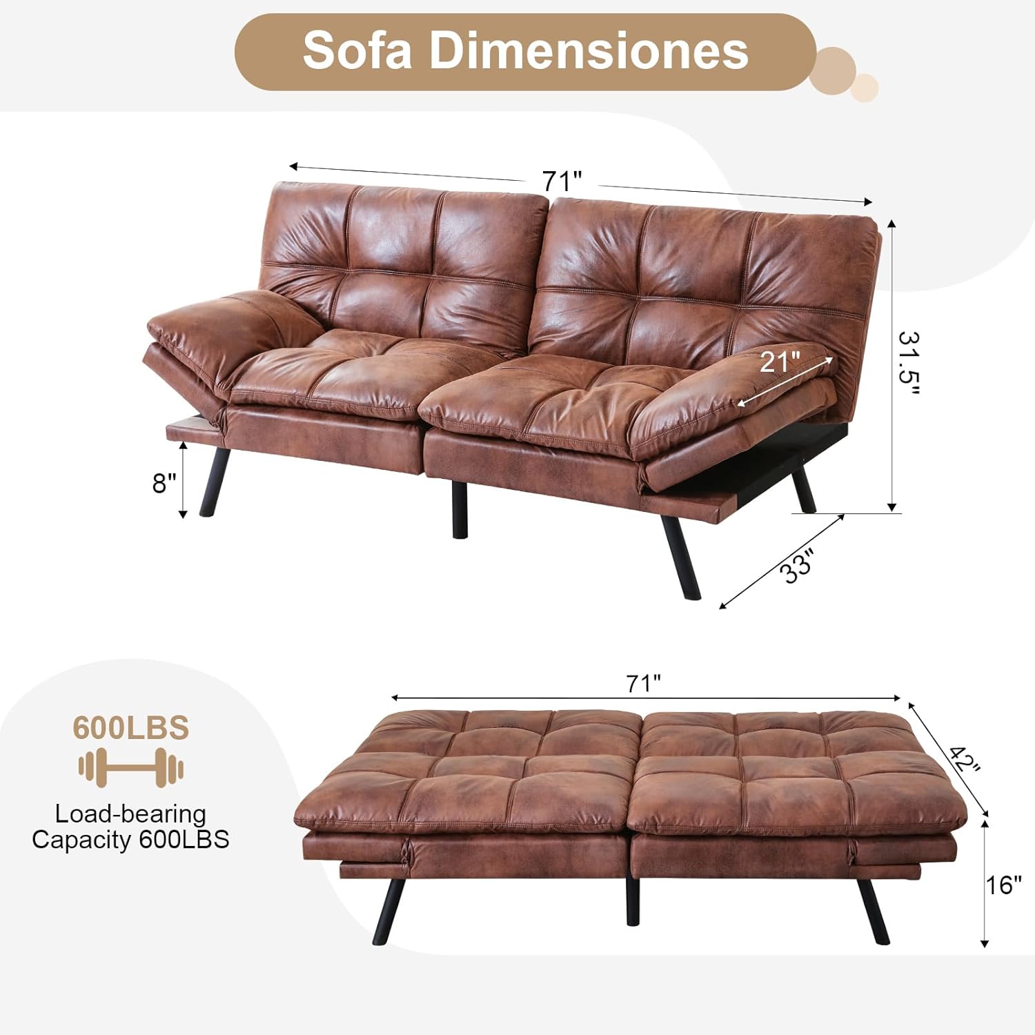 MUUEGM Convertible Futon Sofa Bed Adjustable Brown Sleeper Loveseat Couch Bed Memory Foam Modern Faux Leather Reversible Loveseat Folding for Living Room,Office