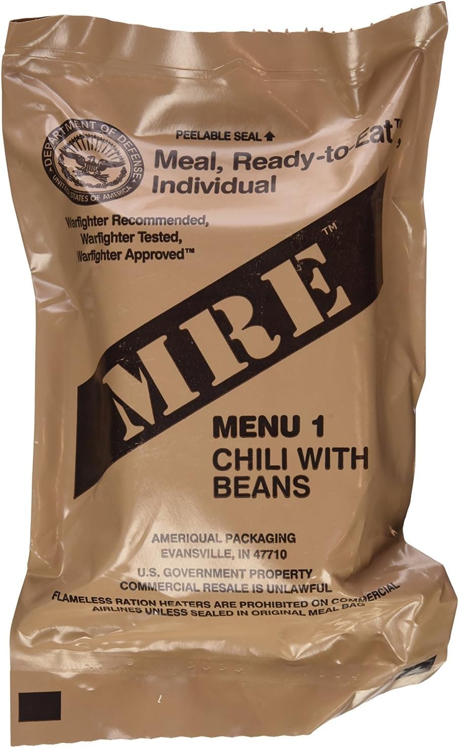 US MRE Meal Ready to Eat, Army Ration EPA, Assorted Menus, CHILI with BEANS