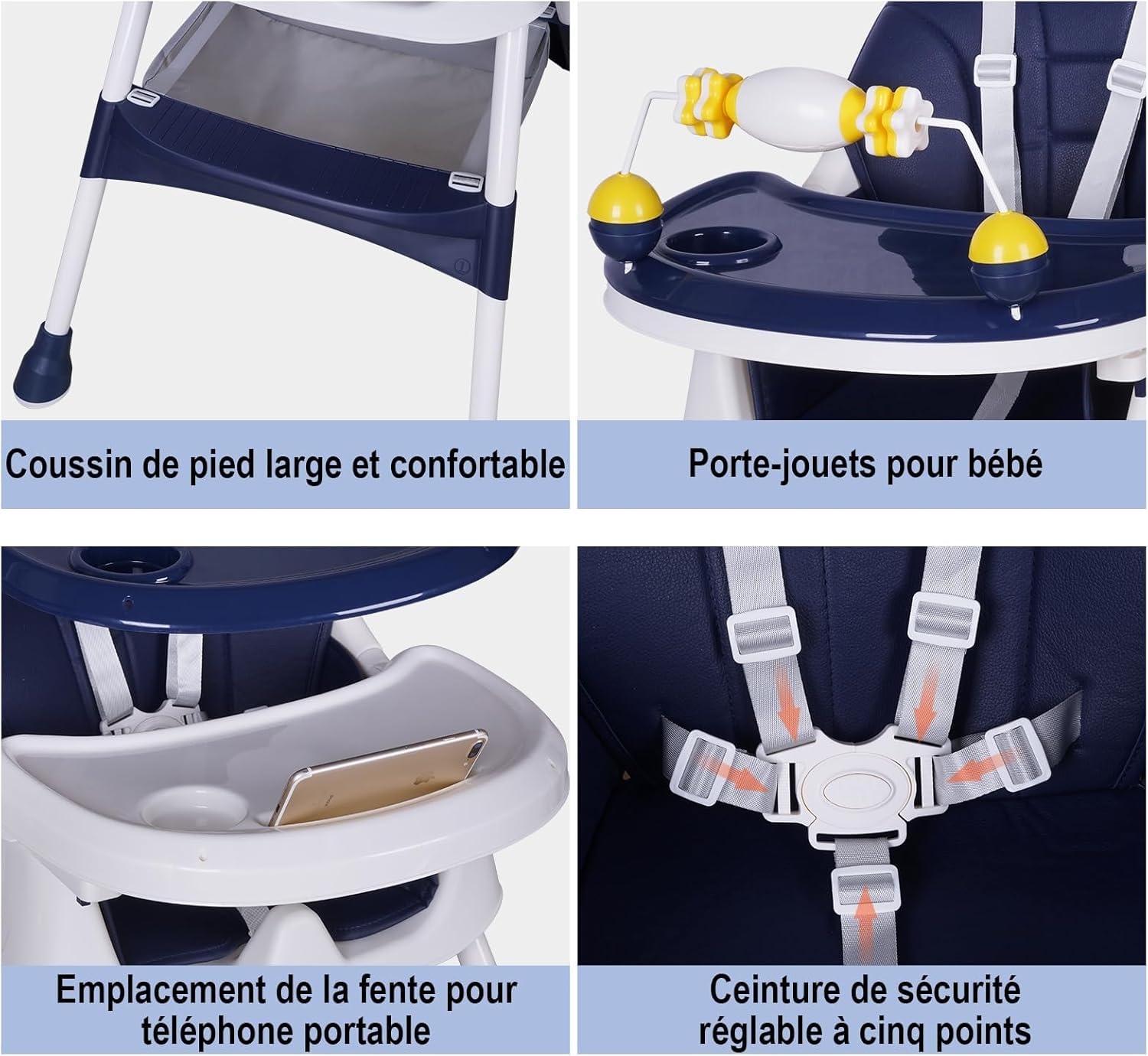 Chaise Haute Bébé 2 en 1, Fauteuil Enfant, Chaise Enfant, Réglable, Avec Plateau, Solide, Design Universel, Facilement lavable, pour 6 mois à 6 ans Repas Bébé 20kg (Bleu foncé)