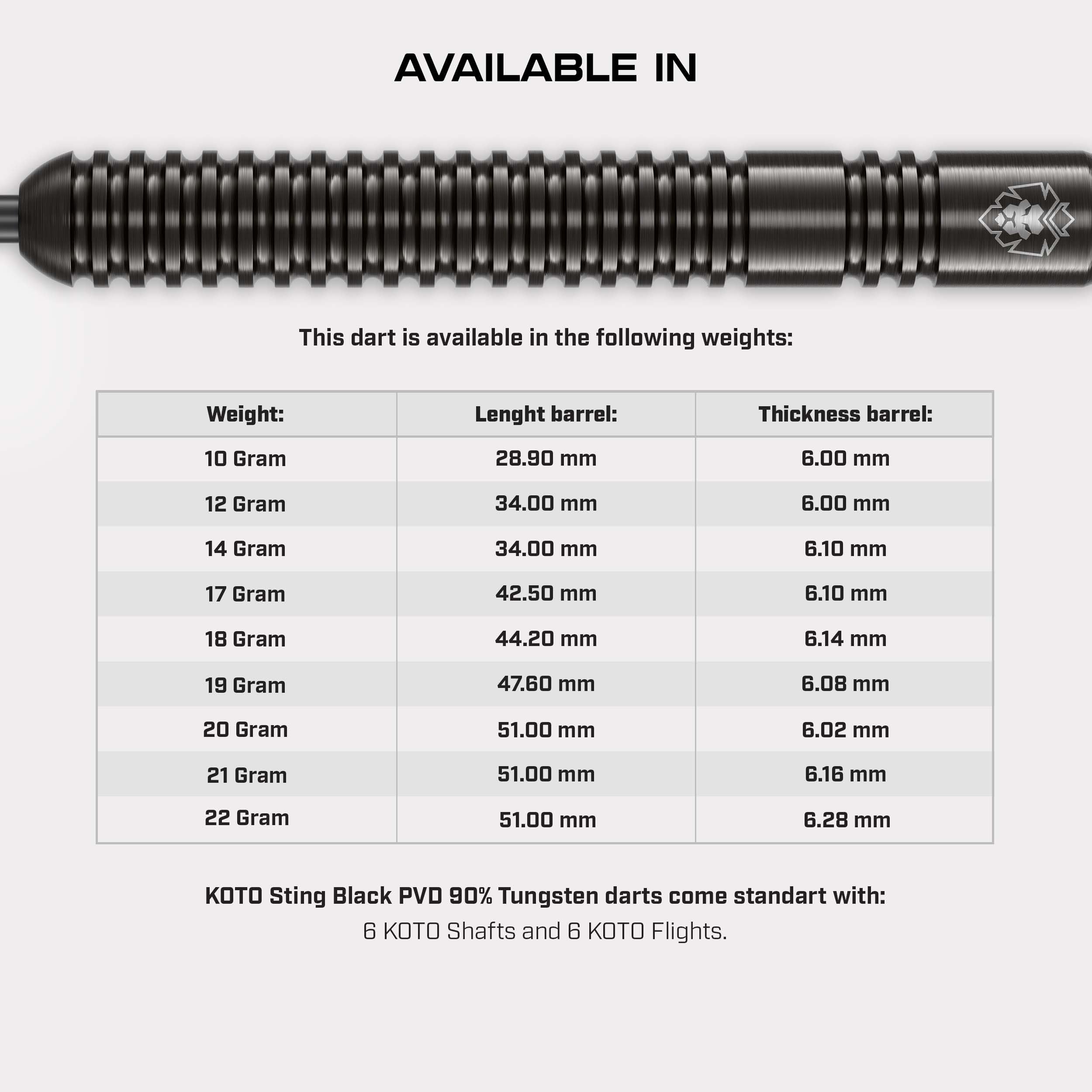 KOTO – Sting Black 90% Tungsten Darts, 23G, Czarny, Rzutki Steel Tip Zestaw | 23G Rzutki Steel Tip, Wolframowe Lotki 90%, W Zestawie 3 Grociki, 6 Lotek & 6 Shaftów, Z Etui, Ring Grip, Straight, Grawer