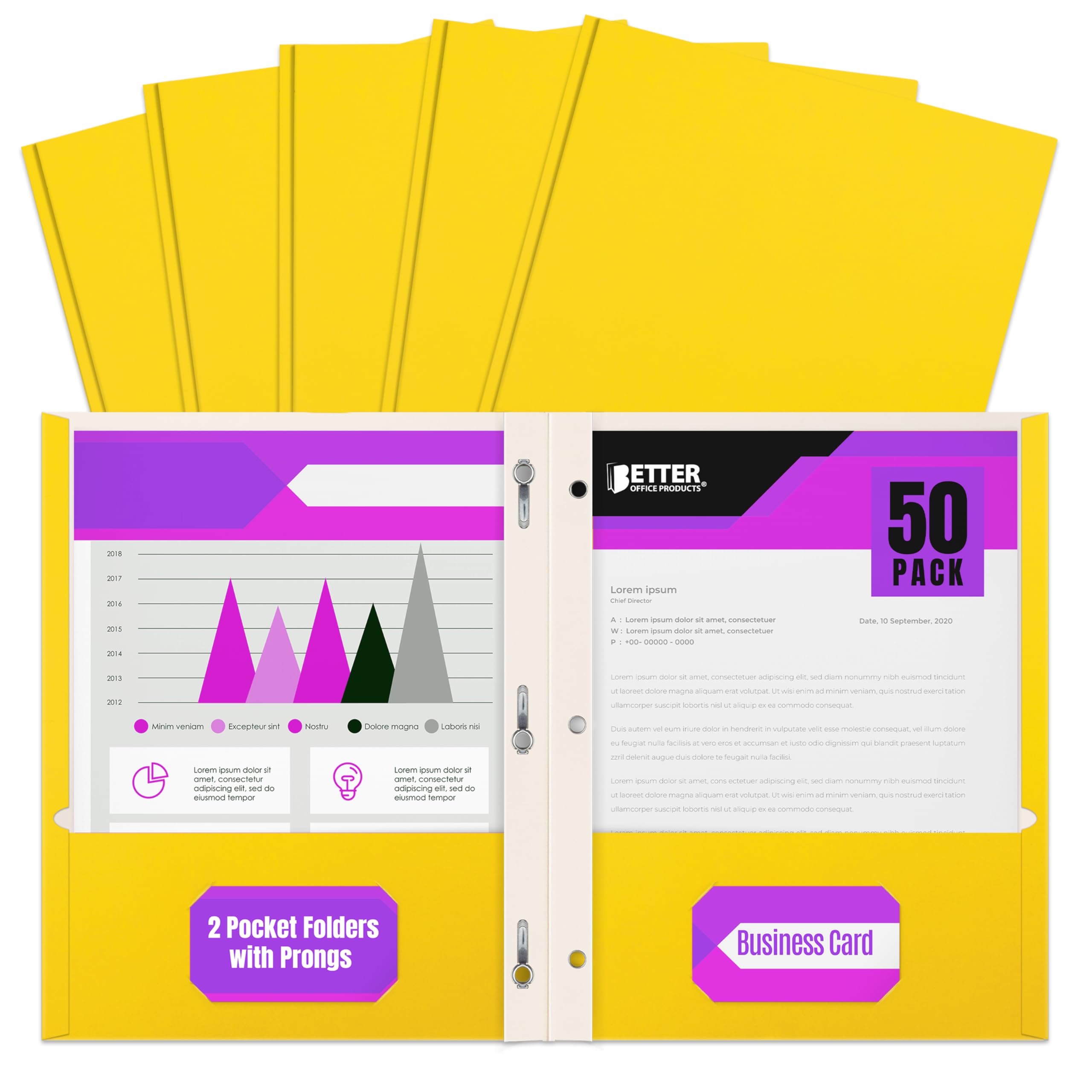 Yellow Paper 2 Pocket Folders with Prongs, 50 Pack, by Better Office Products, Matte Texture, Letter Size Paper Folders, 50 Pack, with 3 Metal Prong Fastener Clips, Yellow