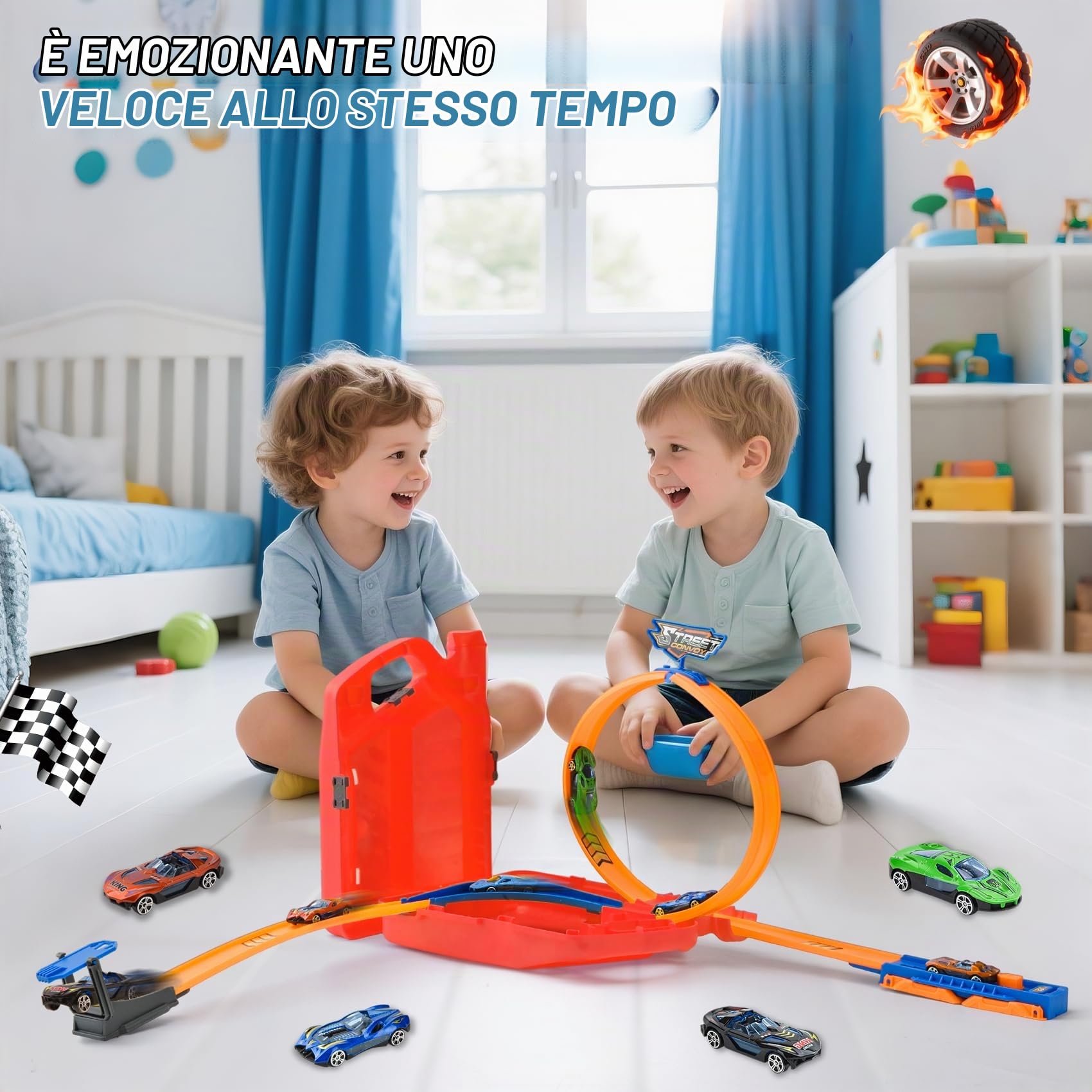 Pista Macchinine 2 in 1, Circuito per Bambini con 6 Auto, Piste Macchinine per Bambini, Anello e Binari a U, Set per Costruire Piste, Giocattolo Piste da Corsa per Ragazzi 3-8 Anni (Rosso)