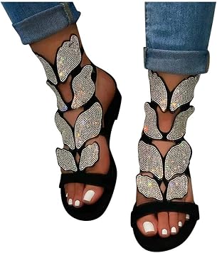 HINDOLA Womens Rhinestone Glitter Flat Sandals Summer Beach Sandal Casual Open Toe Flat Slippers Gladiator Roman Rhinestone Sandals for Women