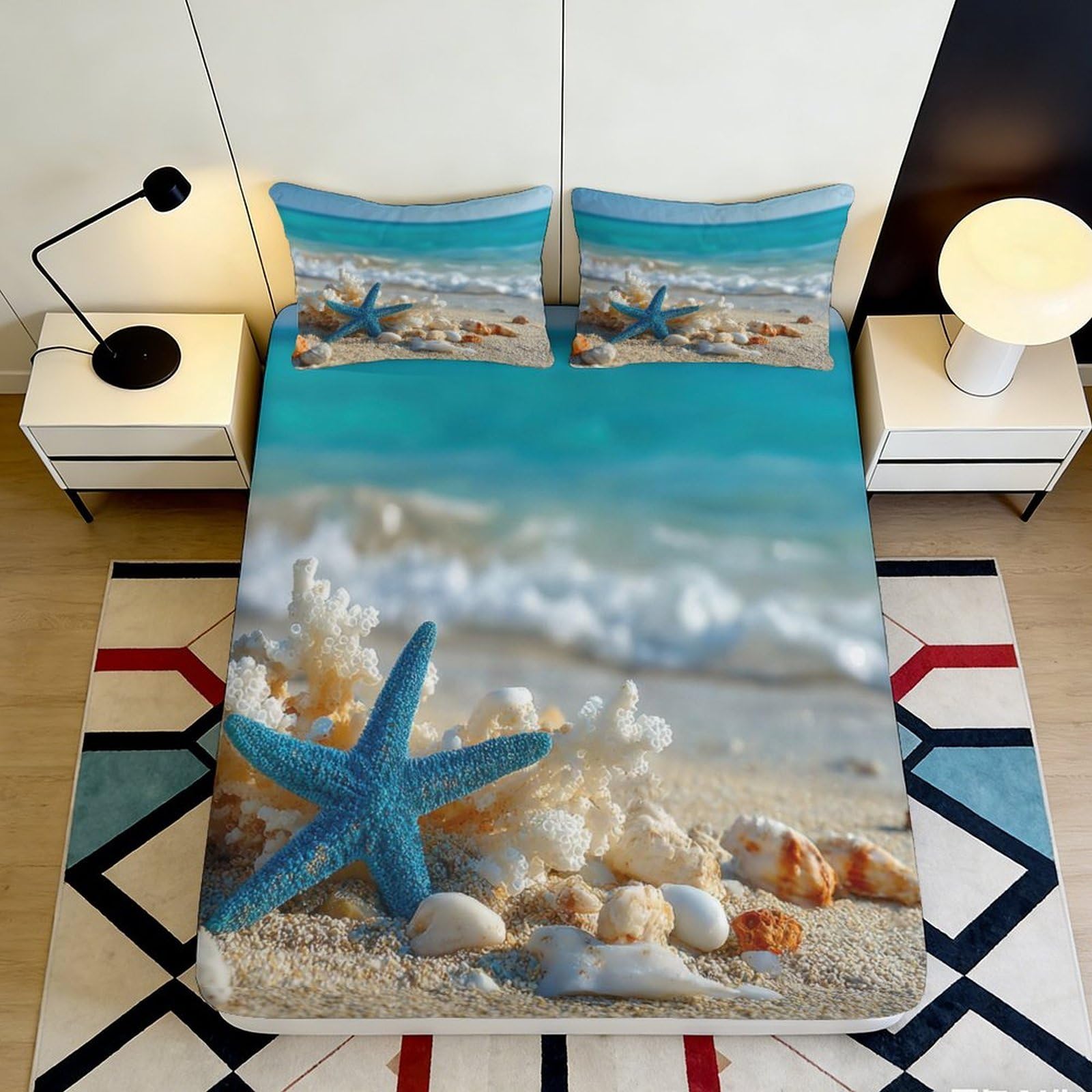 3D Printed Ocean Beach Starfish Fitted Sheet Microfiber Soft Breathable Seashell Mattress Cover Bedroom Dorm Protector 90x200x25cm