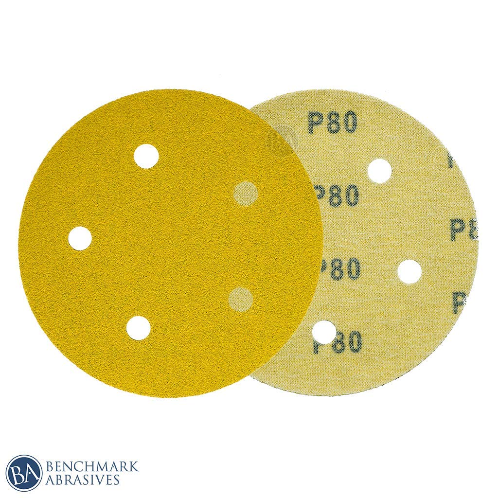 Benchmark Abrasives 5 Inch Sanding Discs Hook and Loop, Aluminum Oxide Stearated Gold 5 Holes Adhesive Sandpaper for Surface Blending, Automotive - Orbital Sander Sandpaper (50 Discs), 100 Grit