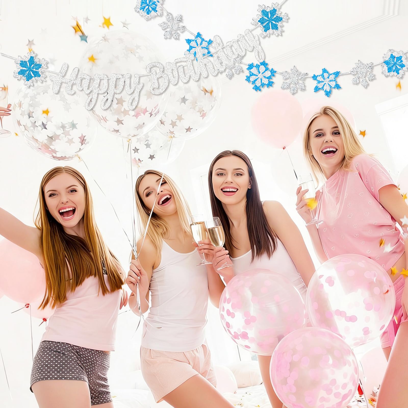 2PCS Banner Copos Nieve de Feliz Cumpleaños, Glitter Snowflake Decorations, Guirnalda Decoración de Copos de Nieve, Azul y Blanco Decoración Fiestas Cumpleaños Infantiles Fiesta Chicas