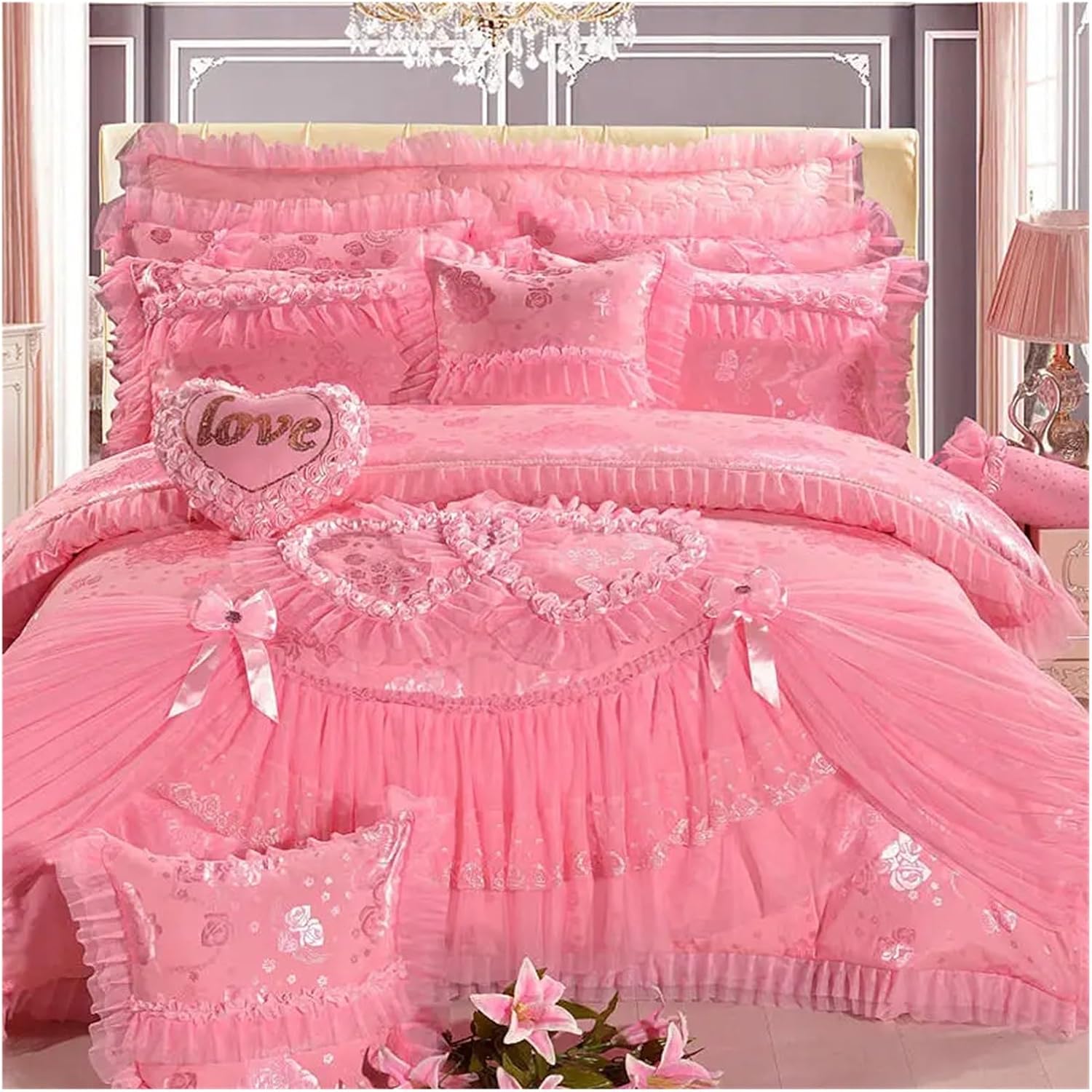 Bed, Red Pink Lace Princess Bedding Set 4/6/8pcs Luxury Girls Wedding Bed Set Quilt Cover Bed Sheets Queen King Size