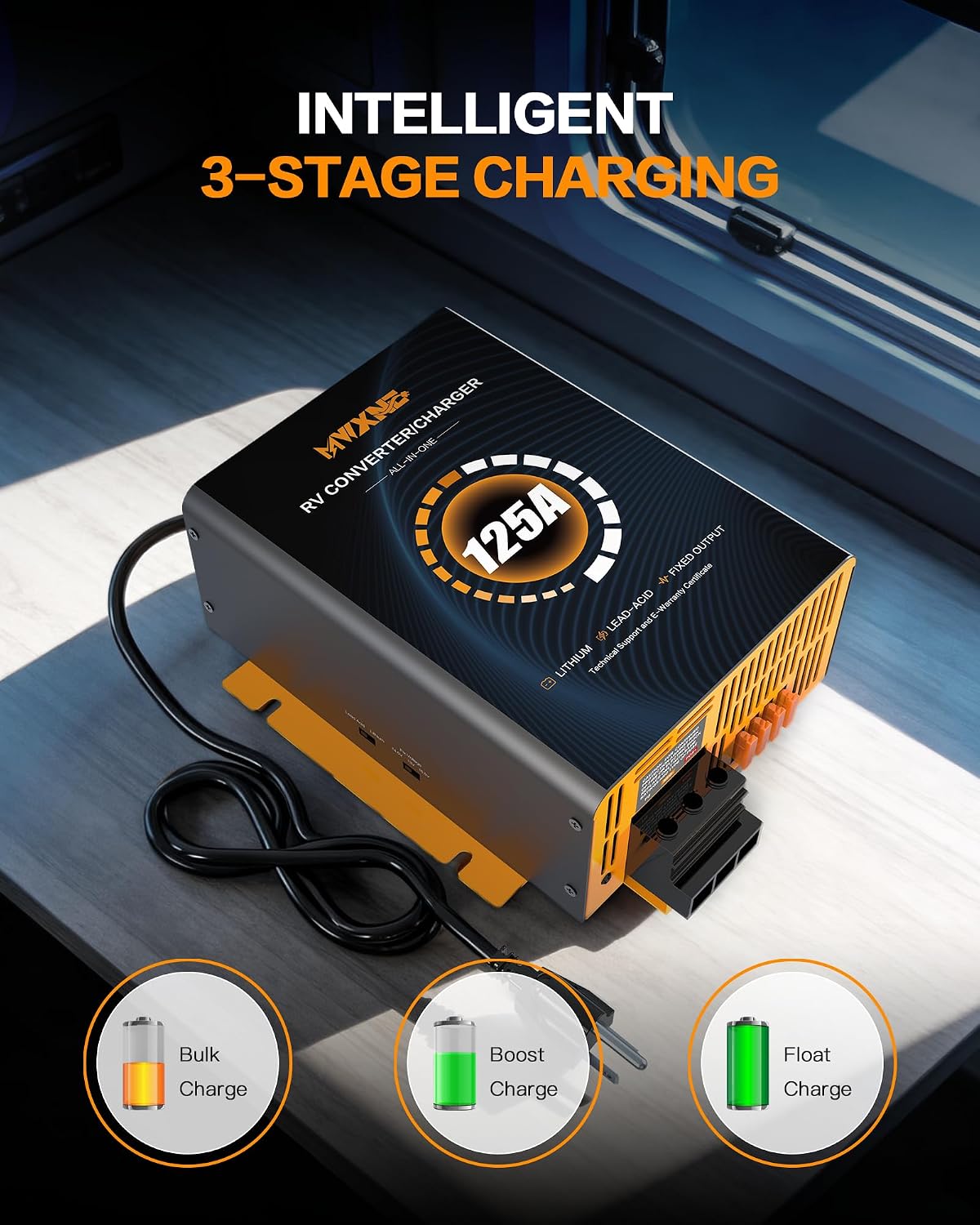 125 Amp RV Power Converter, 120V AC to 12V DC Battery Charger with Multi Smart Charging Modes,13V–16.5V Adjustable Output, RV Converter Compatible with Lithium and Lead Acid Battery