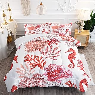 Suncloris Ocean Coral Comforter Set for Kids and Adults, Queen Size Red Tropical Hippocampus Themed Bedding Comforter with 2 Ocean Patterned Pillowcases - 90