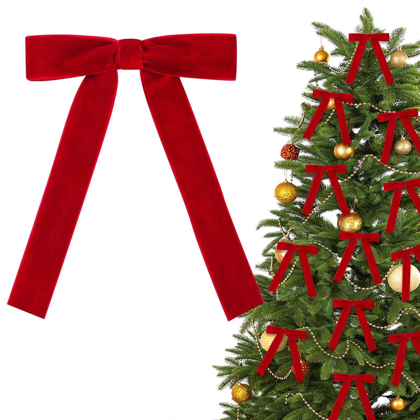 Shining She 30PCS Christmas Velvet Bows, 5 x 7in Christmas Tree Bow Ornaments, Christmas Tree Bow Ornaments, Velvet Bows with Twist Ties for Xmas Wreaths Garland Tree (Red 1inch width)