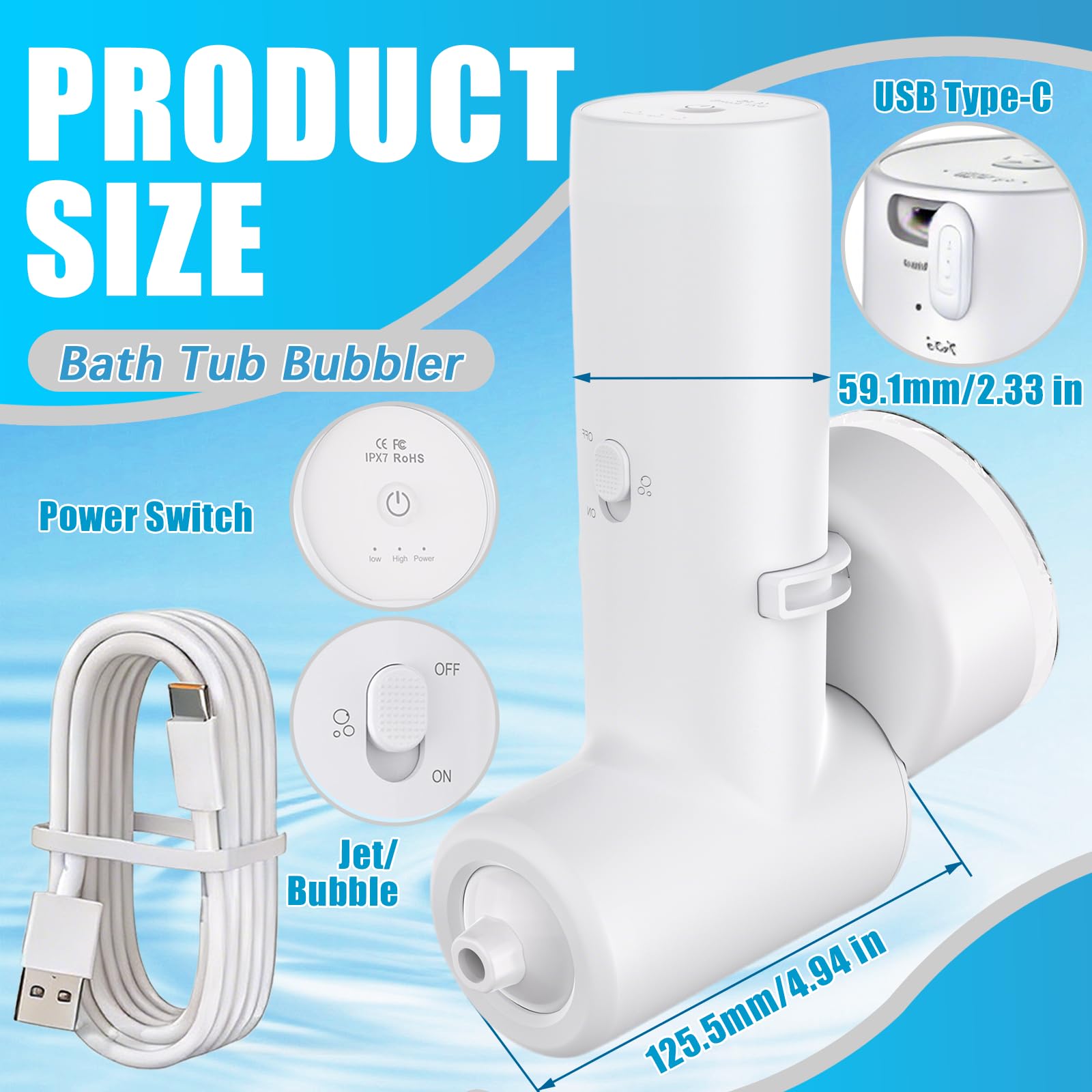 Getti per Vasca, Getti per Vasca da Bagno per Spa Portatile Senza Fili da 2600 mAh con Doppia Modalità di Idroterapia Flusso D'acqua a 3 Livelli e Testina di Spruzzo Regolabile a 360°