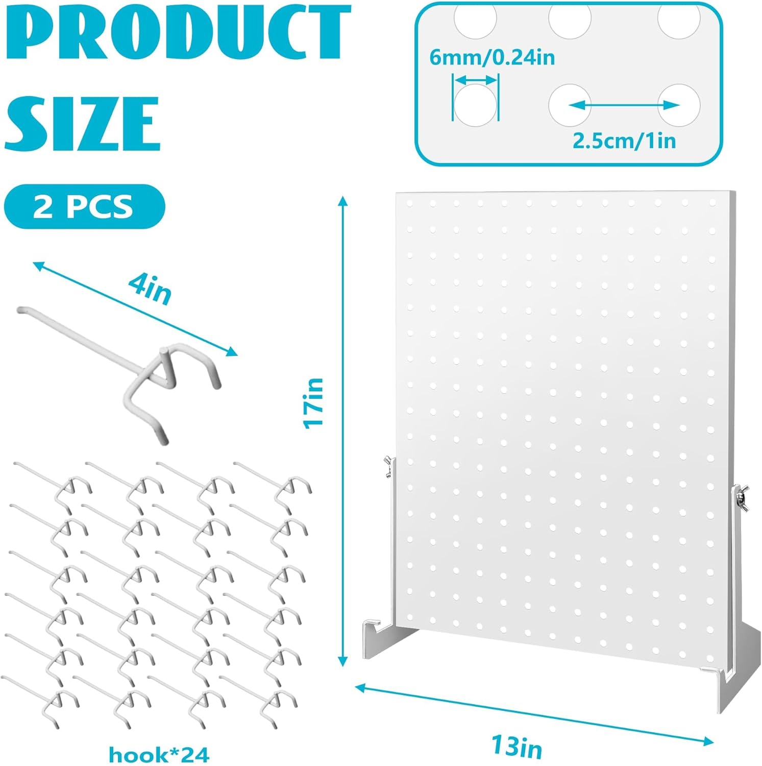 Royxen 2PCS Peg Board Display Stand with 24 Hooks, Pegboard Display Adjustable Angles, Keychain Display, Display Stands for Vendor Events, White