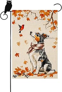 Hello Fall Australian-Shepherd and Cardinal Garden Flag 12x18 Dogs With Maple Leaves in Autumn Vertical Double Sided Yard Flags For Outside Decorations (10219)
