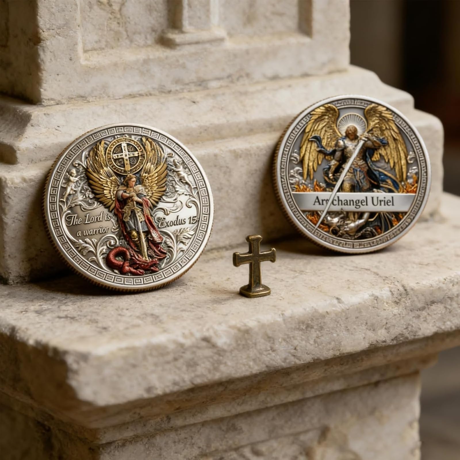 Saint Michel Archange – Pièce commémorative « Victoire sur le mal », pièce double face avec motif biblique et étui en acrylique, cadeau chrétien inspirant pour les collectionneurs (A*1)