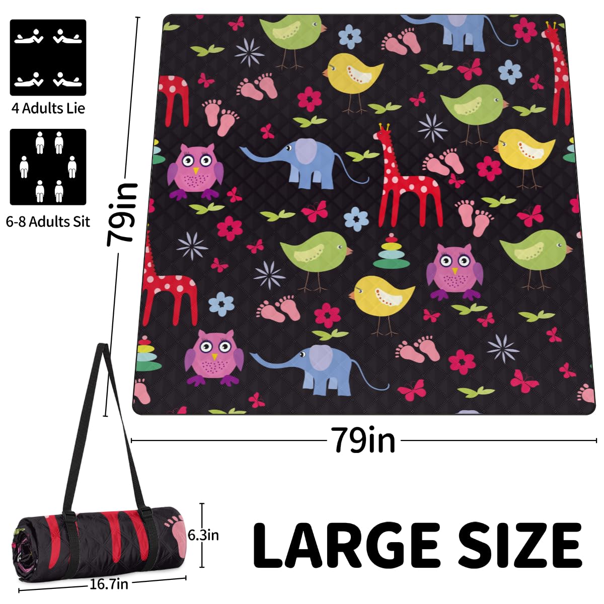 Shimoshe Extra Large Picnic Blankets 79”x 79”, Cute Bird Elephant Owl Giraffe Waterproof Foldable Picnic Mat with Straps Portable Beach Blanket for Camping Park Grass Beach Indoor