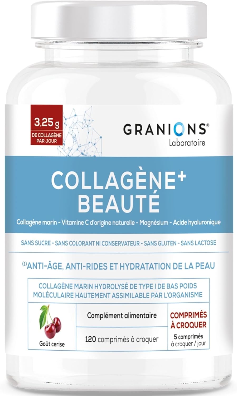 GRANIONS Collagen Marine + Beauty Collagen and Hyaluronic Acid + Vitamin C + Acerola – Marine Collagen Food Supplement – Collagen Peptides – Cherry Flavour – 120 Chewable Tablets