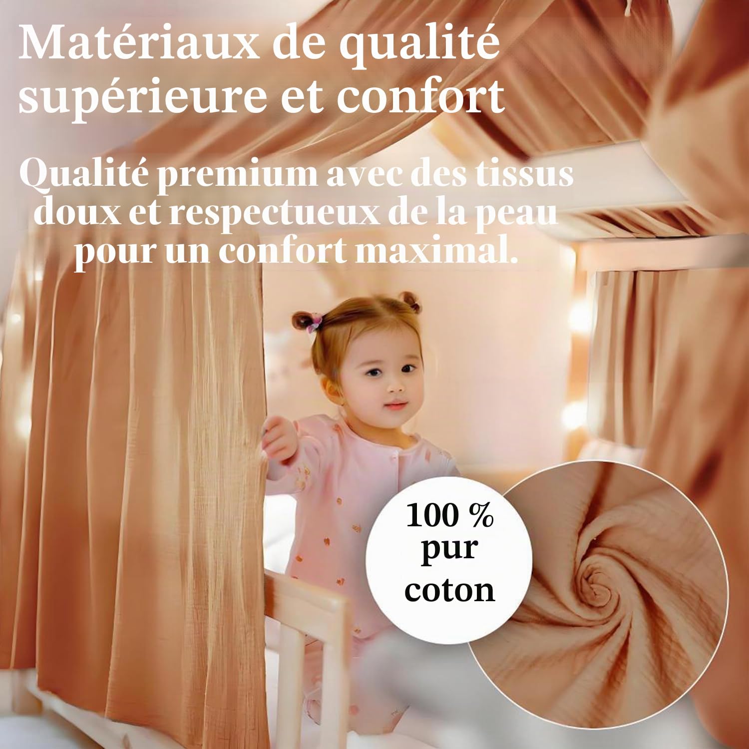 Rodelna Ciel de lit de maison, kit de décoration 100 % mousseline de coton bio, pour fille et garçon, rideau de lit