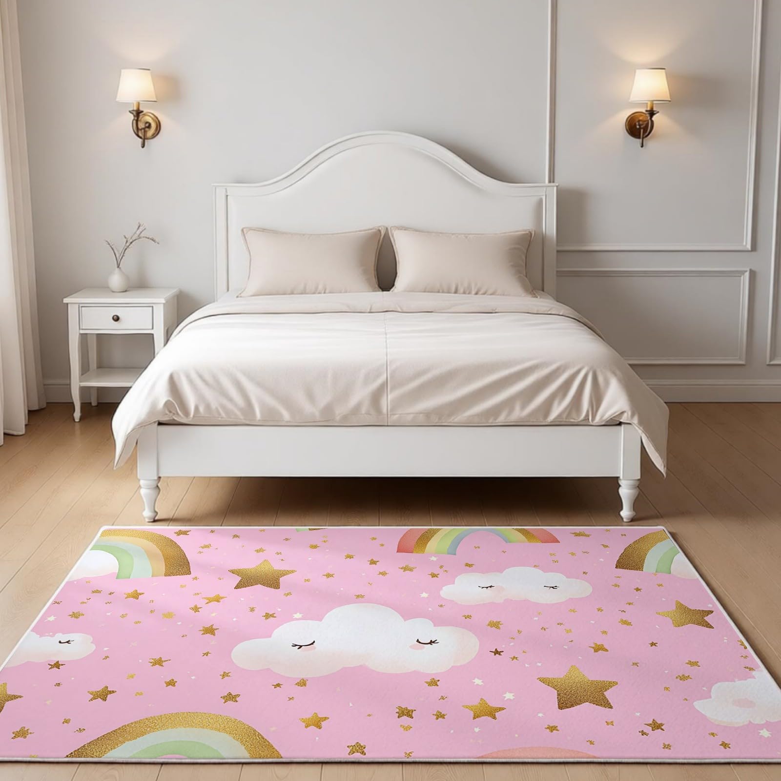 Großer Teppich 120x180 cm Sterne und Wolken Kurzflor Teppich Waschbar Kurzflor rutschfest Rosa für Kinderzimmer Esszimmer und Büro